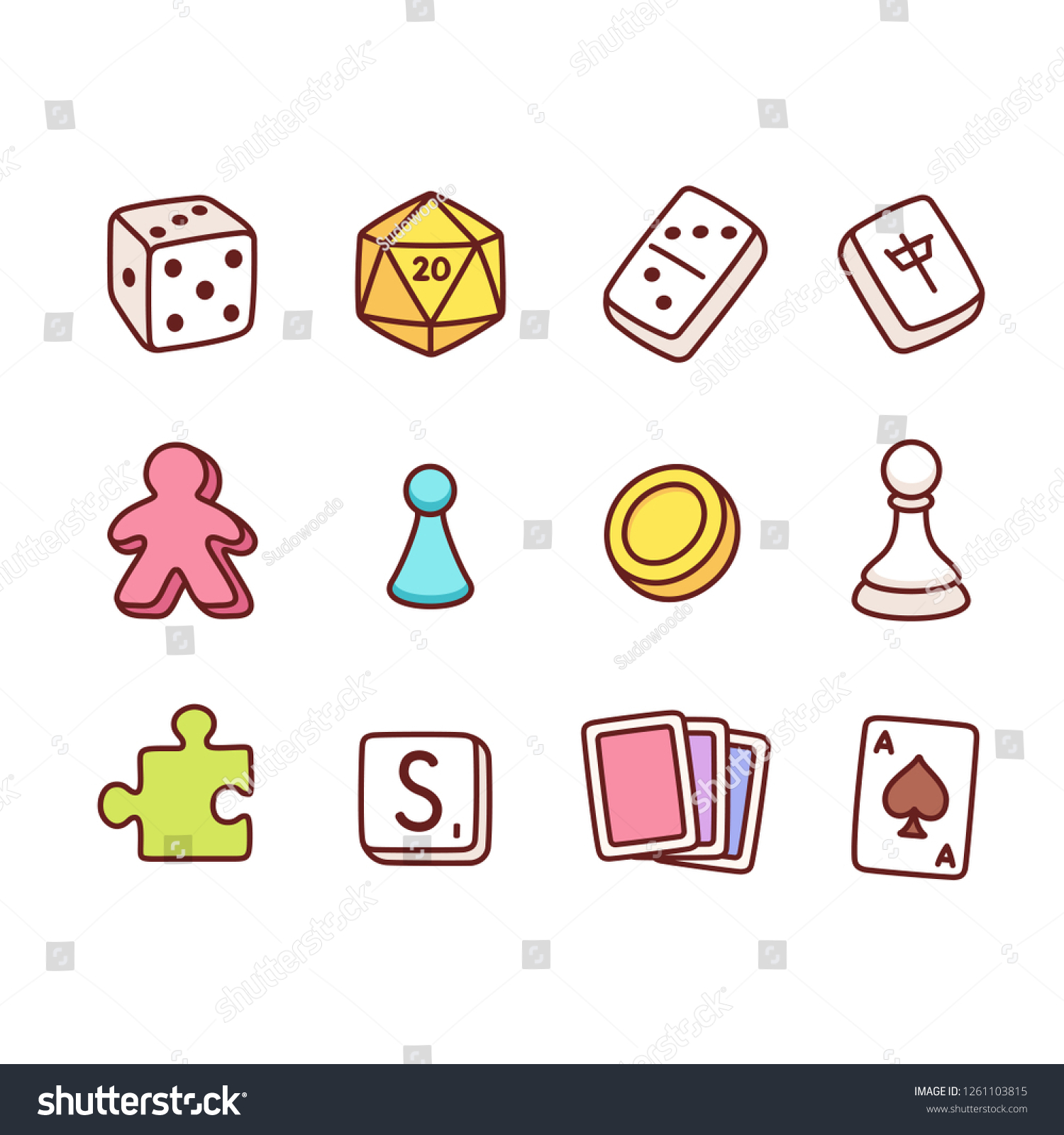 SVG of Board game icons in hand drawn cartoon style. Dice and play pieces, markers and cards. Vector clip art illustration. svg