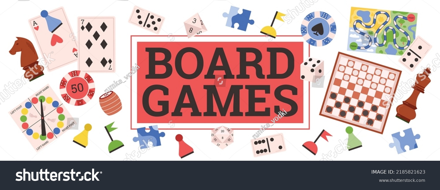 SVG of Board games banner or poster design with various games such as backgammon, chess and mahjong, flat vector illustration isolated on white background. Hobby and recreation. svg