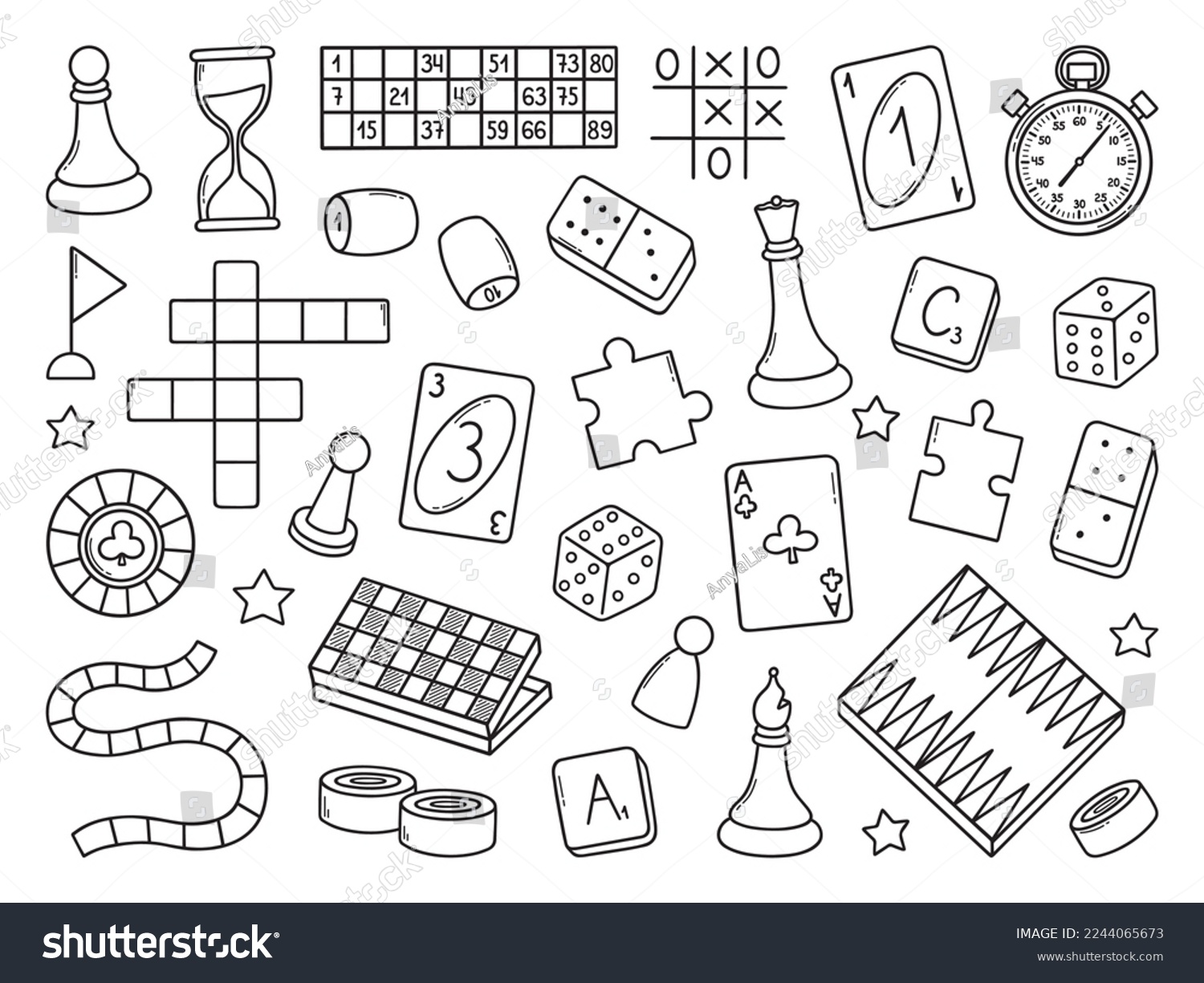 SVG of Board games doodle set. Checkers, lotto, chess, cards, backgammon in sketch style. Hand drawn vector illustration isolated on white background svg