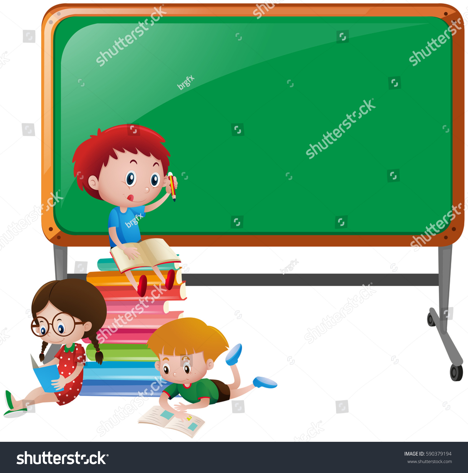 Board Template Three Kids Reading Writing Stock Vector (Royalty Free ...