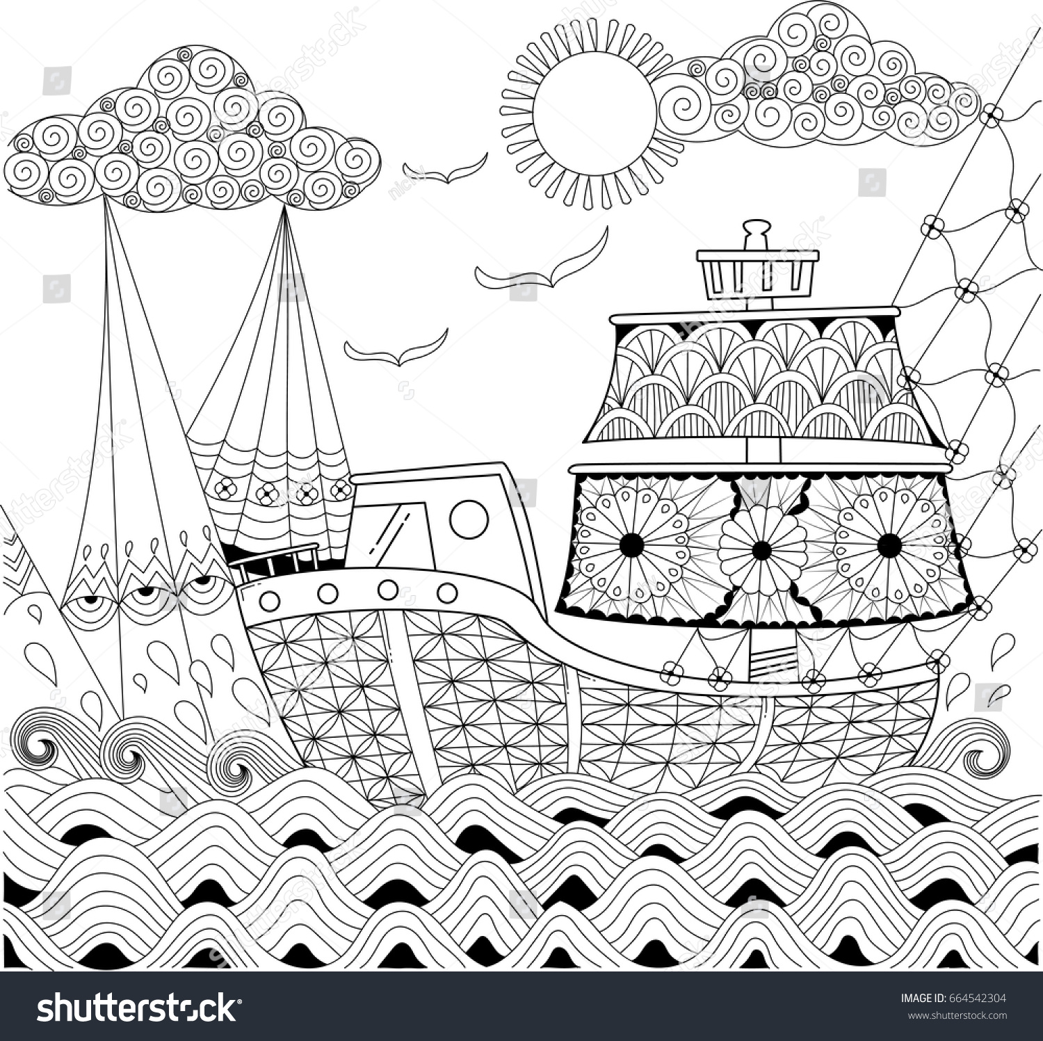 Boat Adult Coloring Zentangle Design Hand Vector C S N Mi N Ph B N Stock Vector Boat For Adult Coloring With Zentangle Design Hand Drawn Illustration Vector Stock 664542304