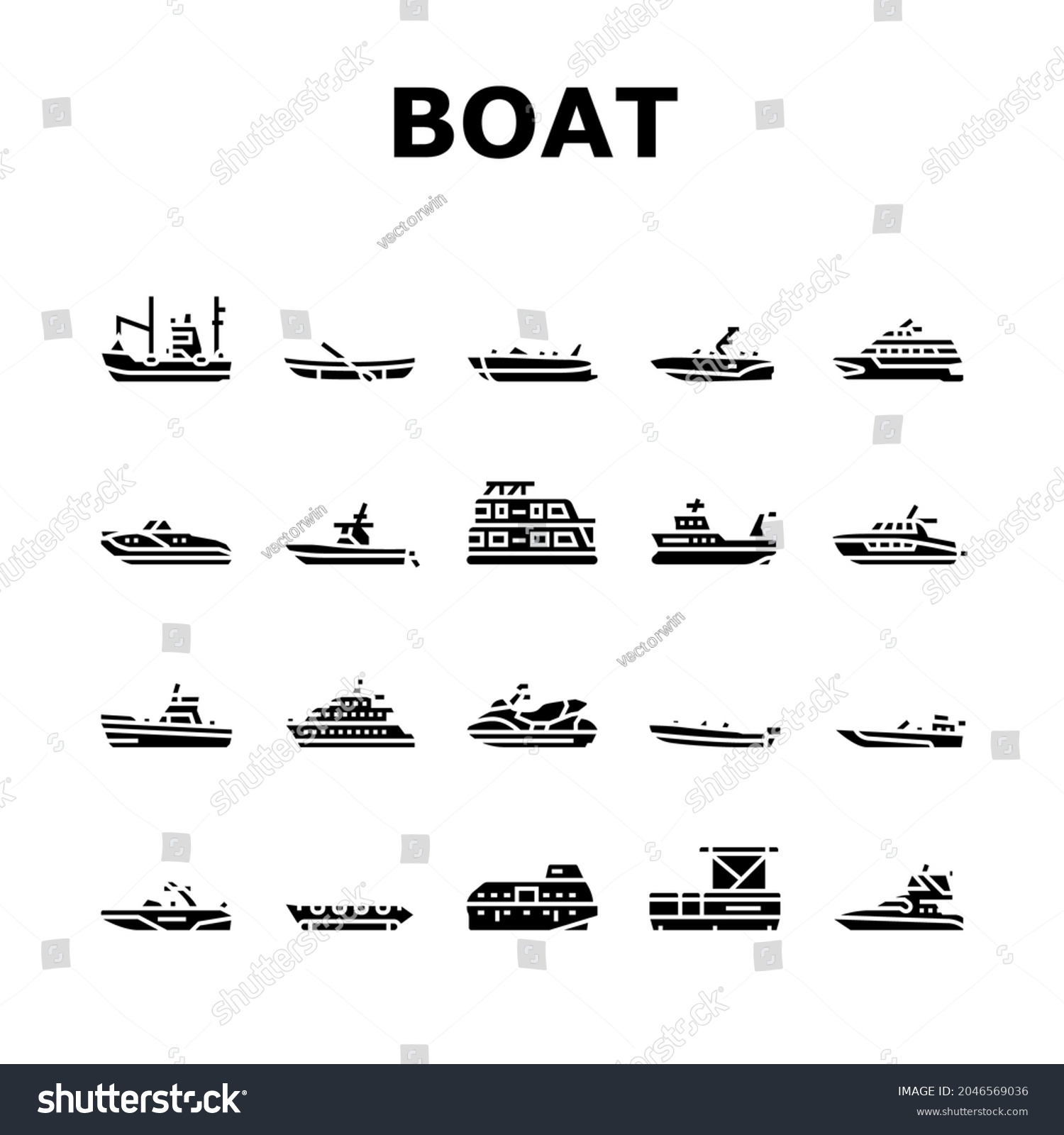 SVG of Boat Water Transportation Types Icons Set Vector. Runabout And Catamaran, Fishing And Bowrider, Motor Yacht And Cabin Cruiser Boat Line. Ship Motorboat Transport Glyph Pictograms Black Illustrations svg
