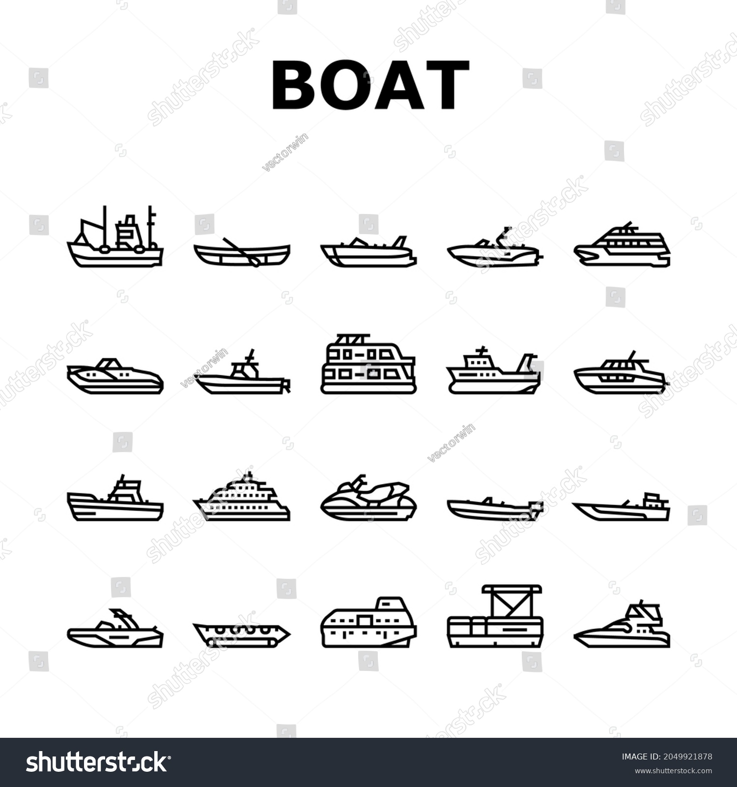 SVG of Boat Water Transportation Types Icons Set Vector. Runabout And Catamaran, Fishing And Bowrider, Motor Yacht And Cabin Cruiser Boat Line. Ship And Motorboat Transport Black Contour Illustrations svg