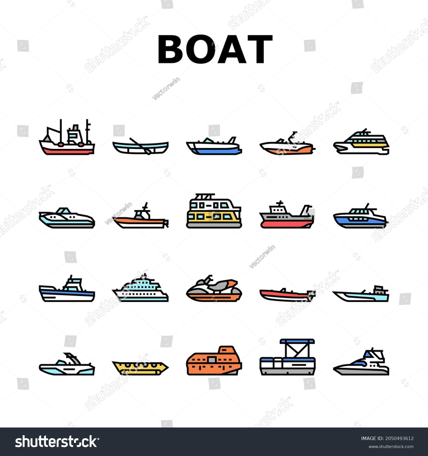 SVG of Boat Water Transportation Types Icons Set Vector. Runabout And Catamaran, Fishing And Bowrider, Motor Yacht And Cabin Cruiser Boat Line. Ship And Motorboat Transport Color Illustrations svg