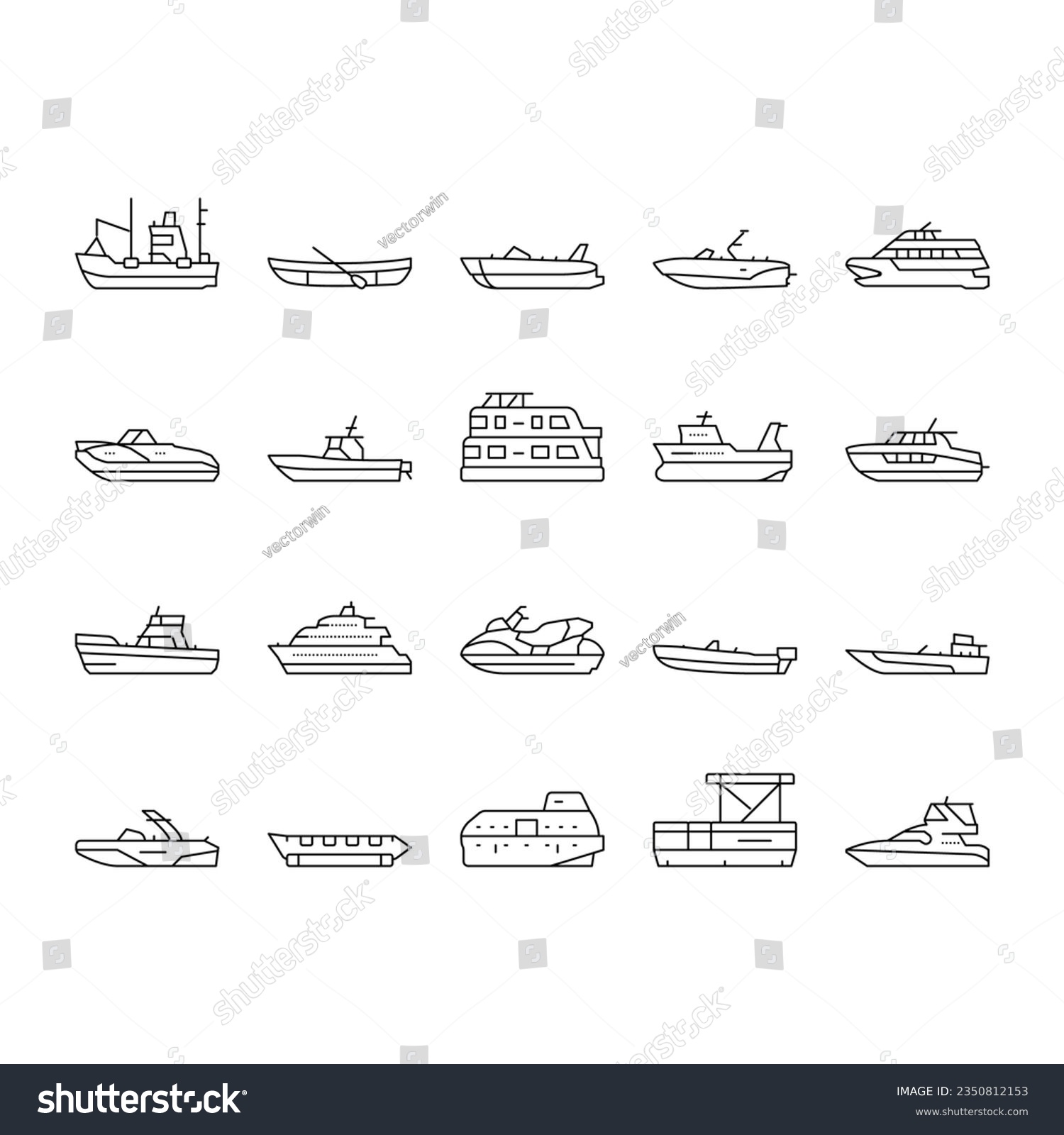 SVG of Boat Water Transportation Types Icons Set Vector. Runabout And Catamaran, Fishing And Bowrider, Motor Yacht And Cabin Cruiser Boat Line. Ship And Motorboat Transport Black Contour Illustrations svg