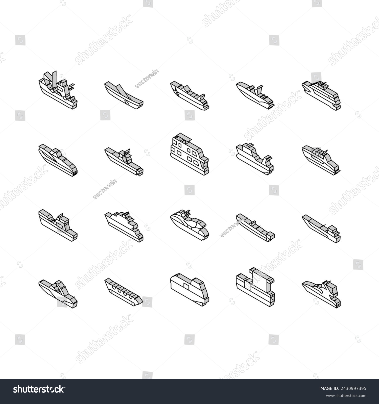 SVG of Boat Water Transportation Types isometric icons set. Runabout And Catamaran, Fishing And Bowrider, Motor Yacht And Cabin Cruiser Boat Line. Ship And Motorboat Transport Color . svg