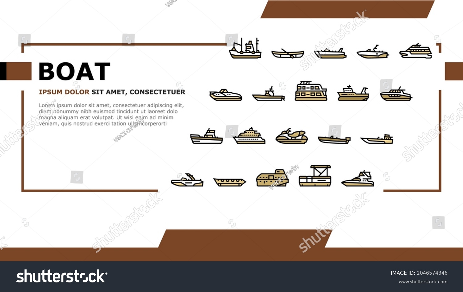 SVG of Boat Water Transportation Types Landing Web Page Header Banner Template Vector. Runabout And Catamaran, Fishing And Bowrider, Motor Yacht And Cabin Cruiser Boat Illustration svg