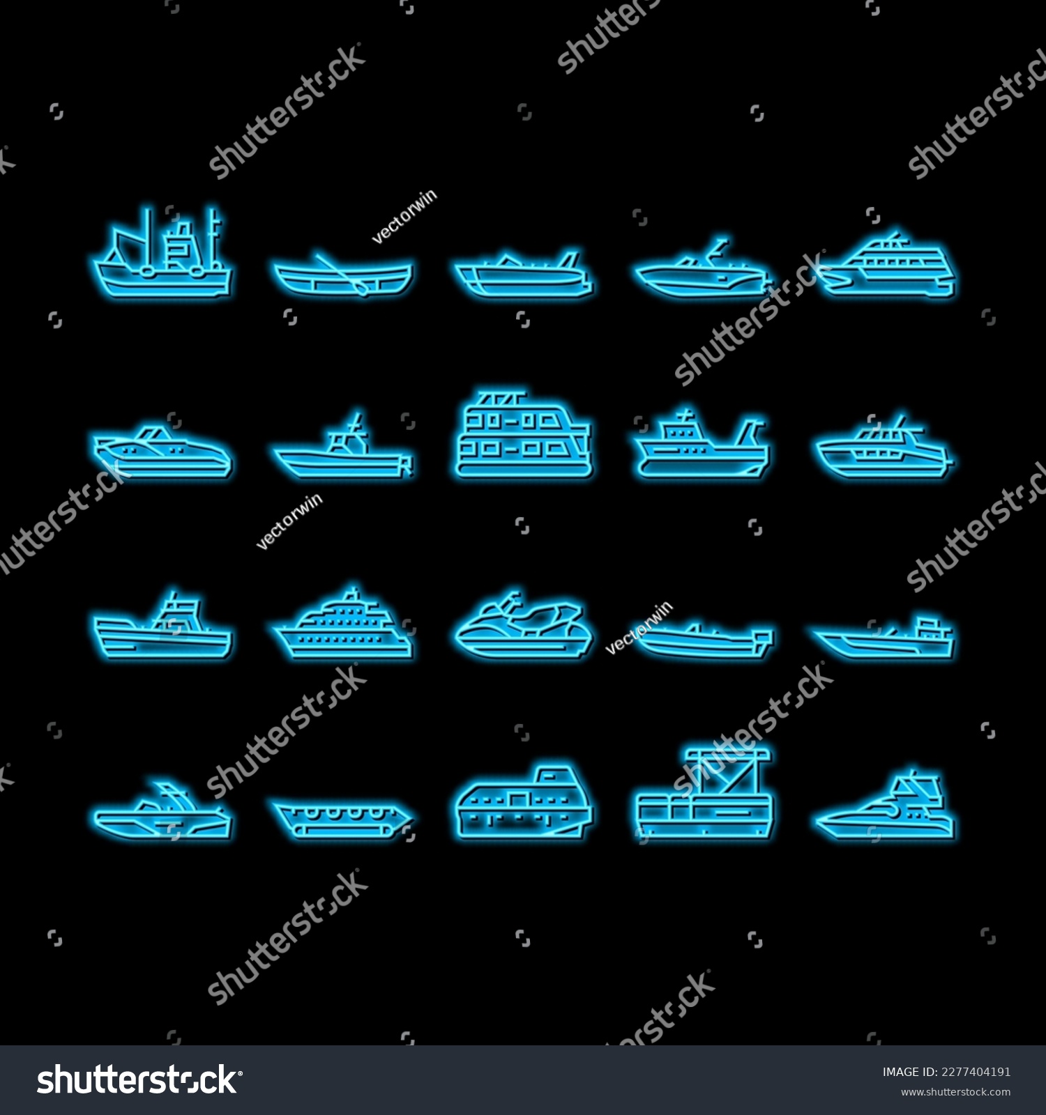 SVG of Boat Water Transportation Types neon light sign vector. Runabout And Catamaran, Fishing And Bowrider, Motor Yacht And Cabin Cruiser Boat Line. Ship And Motorboat Transport Illustrations svg