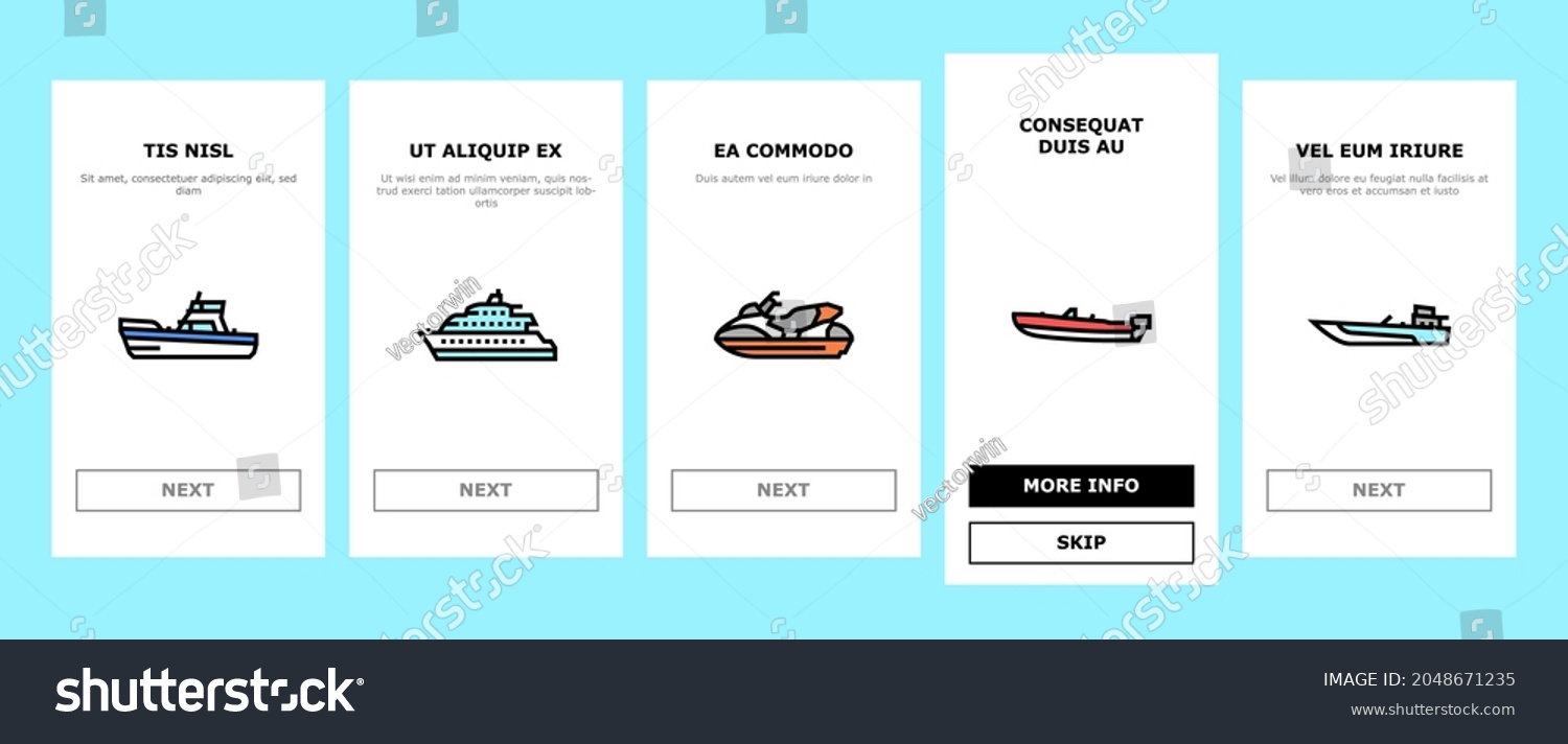 SVG of Boat Water Transportation Types Onboarding Mobile App Page Screen Vector. Runabout And Catamaran, Fishing And Bowrider, Motor Yacht And Cabin Cruiser Boat Illustrations svg