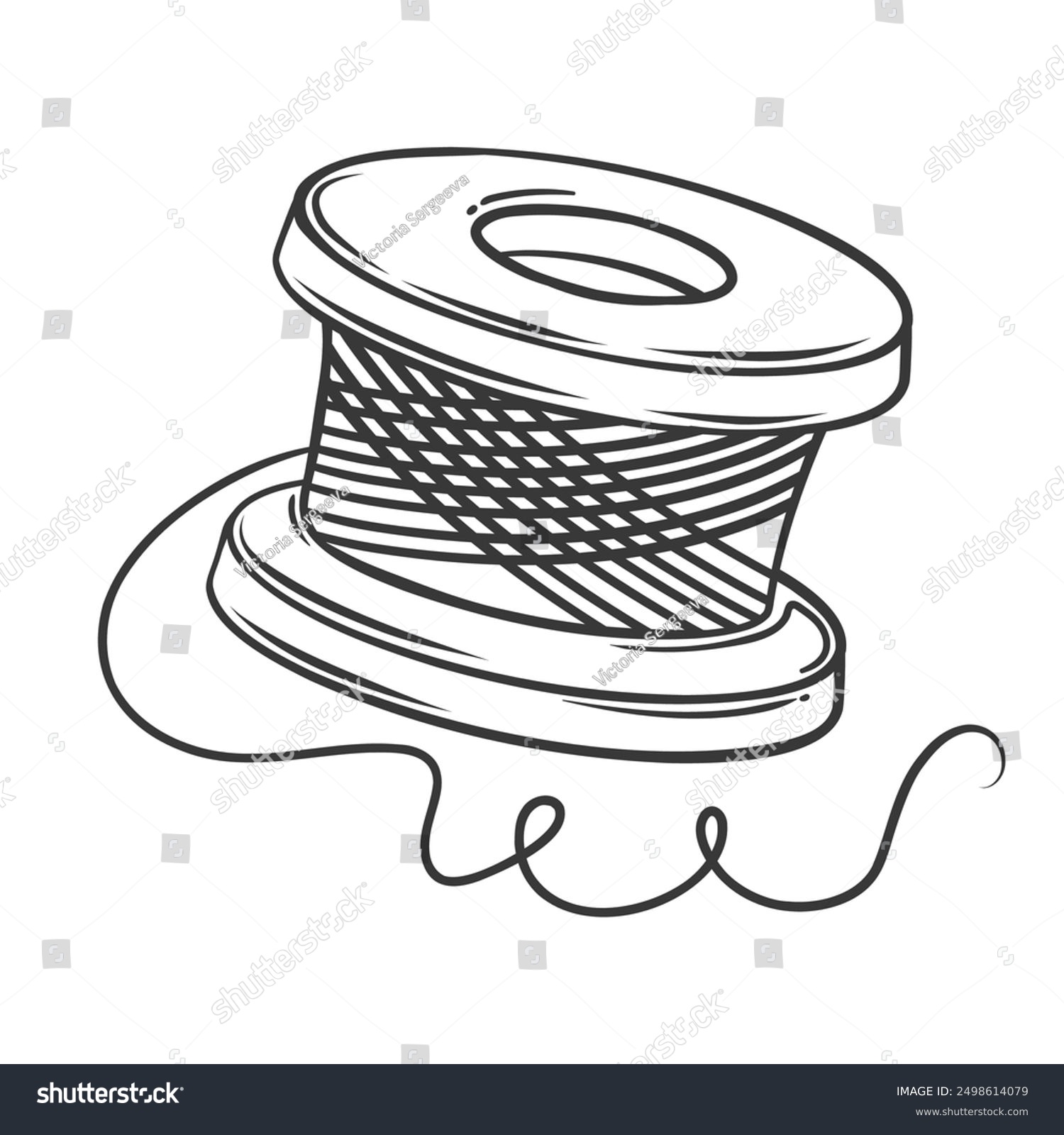 recommend clip art: Bobbin of thread line icon. Hand drawn retro wooden spool of yarn roll, tailors tool to sew fabric. Tailoring equipment mascot, doodle prewound bobbin for sewing machine icon vector illustration