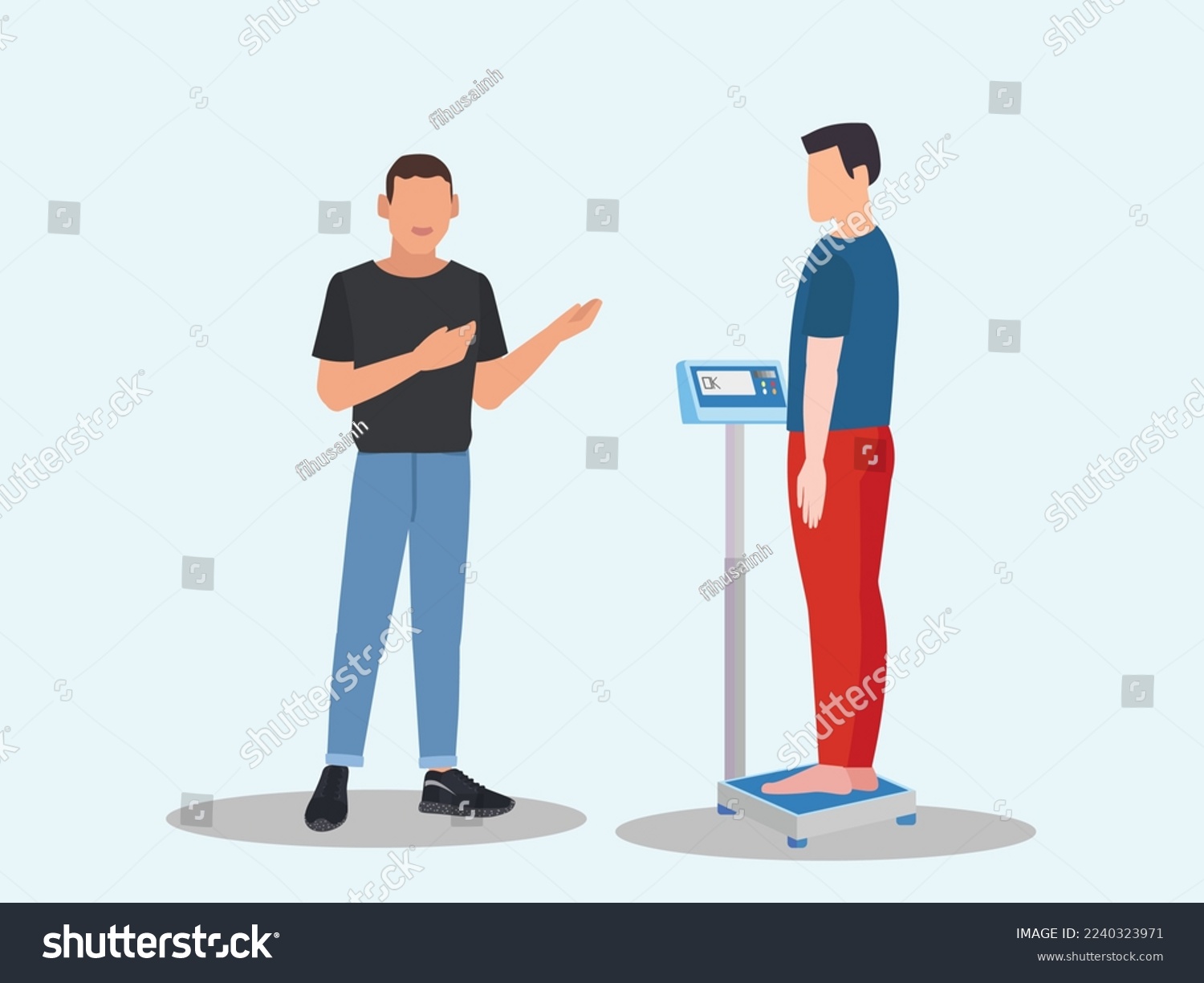 SVG of Body weight machine with a person measuring body weight. Concept of healthy lifestyle, dieting and fitness with Overweight. He measuring weight and scales with  tape measure to lose weight for health. svg