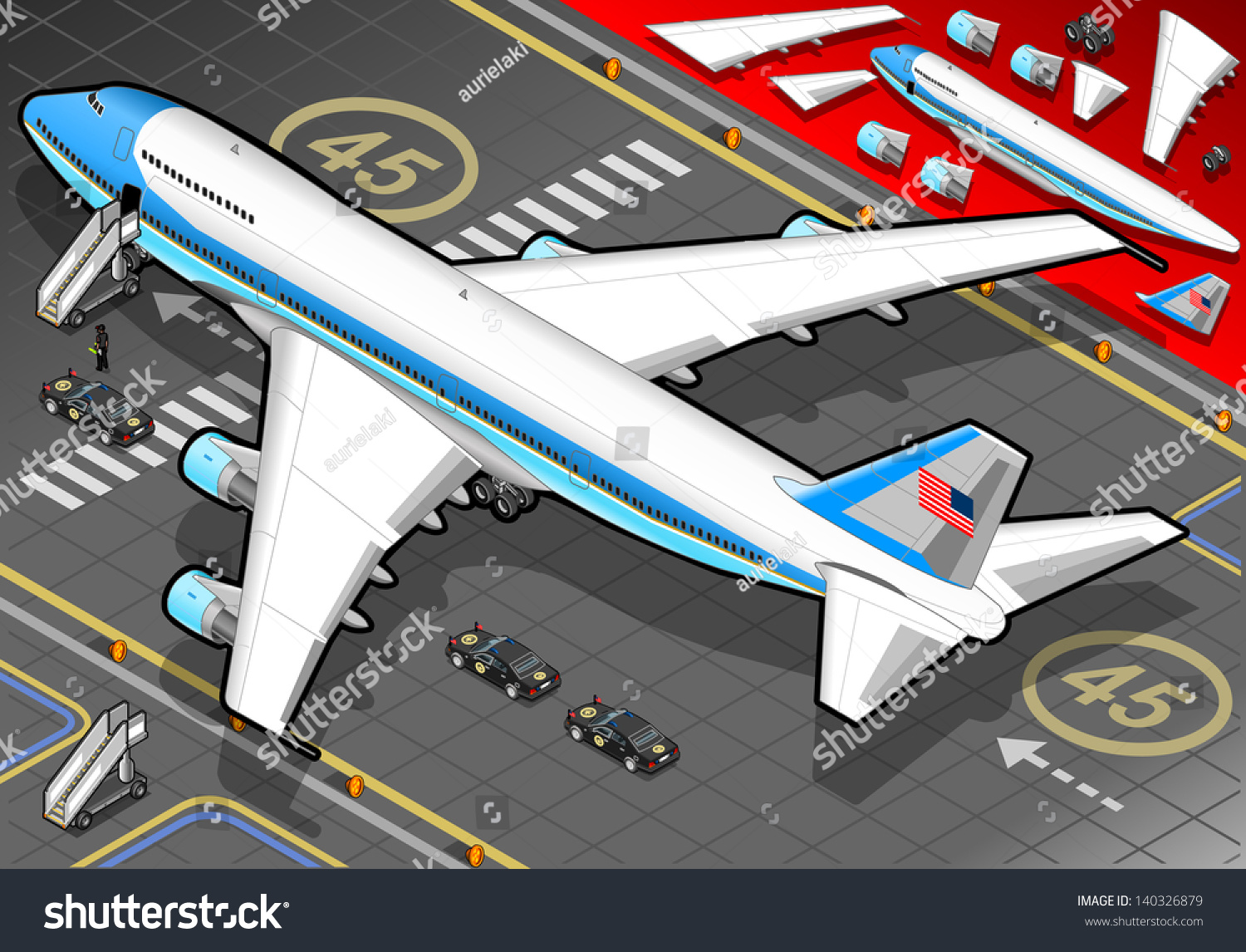 SVG of Boeing aircraft. Flat 3D isometric airplane vehicles. Plane Infographic elements. Landed Airplane in Airport. Armed Forces Military Airplane Isolated. Presidential Air Force One Vector Illustration. svg