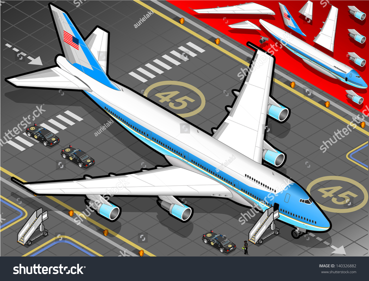 SVG of Boeing aircraft. Flat 3D isometric airplane vehicles. Plane Infographic elements. Landed Airplane in Airport. Armed Forces Military Aeroplane Isolated. Presidential Air Force One Vector Illustration. svg