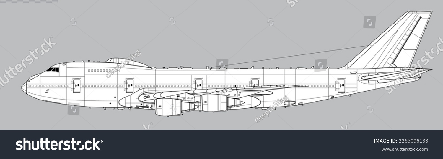 SVG of Boeing E-4B Nightwatch. Doomsday plane. Vector drawing of strategic command and control aircraft. Side view. Image for illustration and infographics. svg