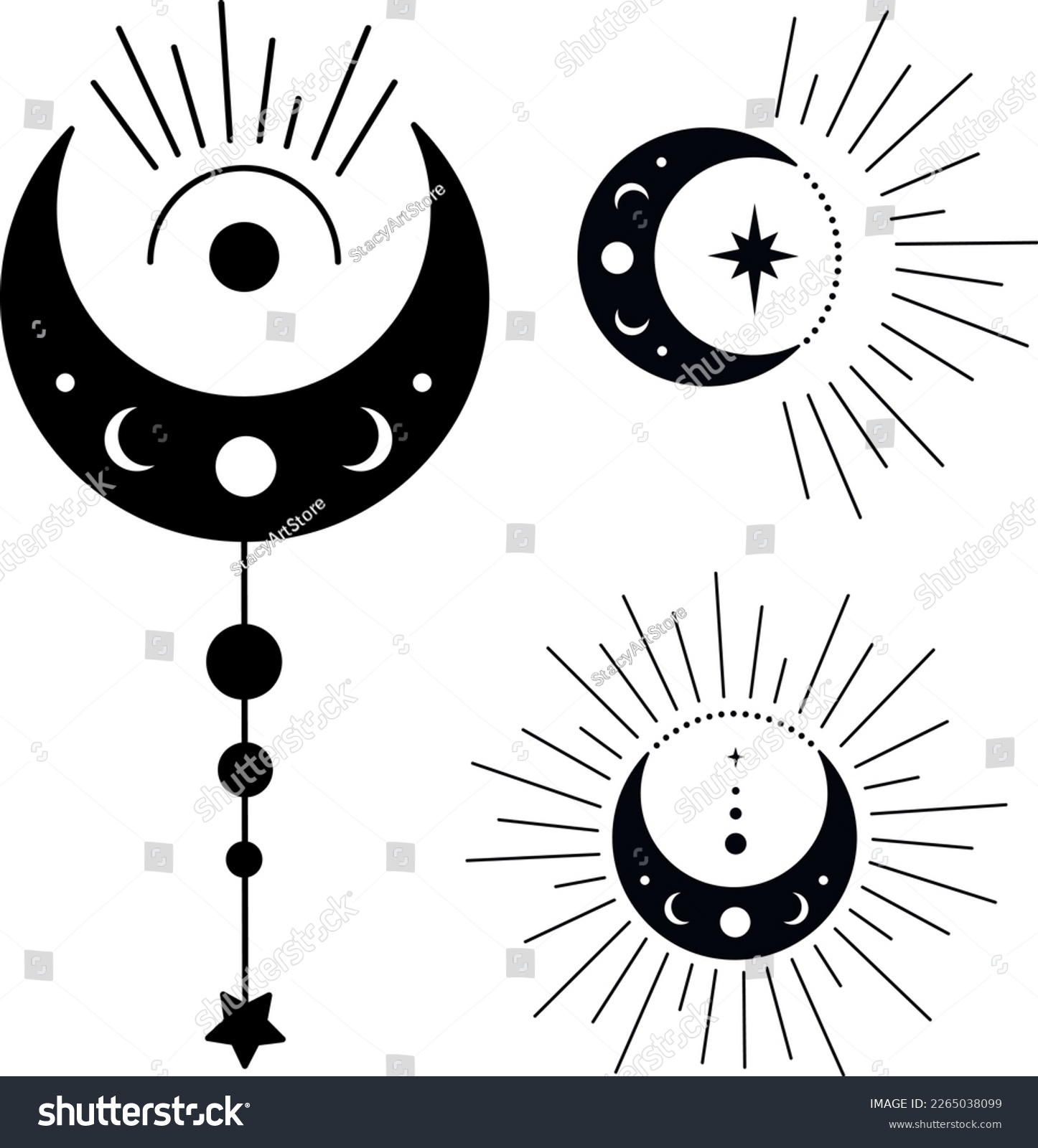 SVG of Bohemian Crescent Moon with Stars and Rays Astrology Illustration. Moon Phases SVG Vector Clipart. Celestial, Mystical, Esoteric designs perfect for Printing. T-shirt, Mugs, Cut Boards Cut File  svg