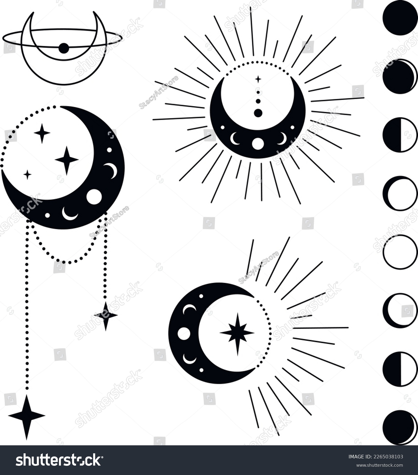 SVG of Bohemian Crescent Moon with Stars and Rays Astrology Illustration. Moon Phases SVG Vector Clipart. Celestial, Mystical, Esoteric designs perfect for Printing. T-shirt, Mugs, Cut Boards Cut File  svg