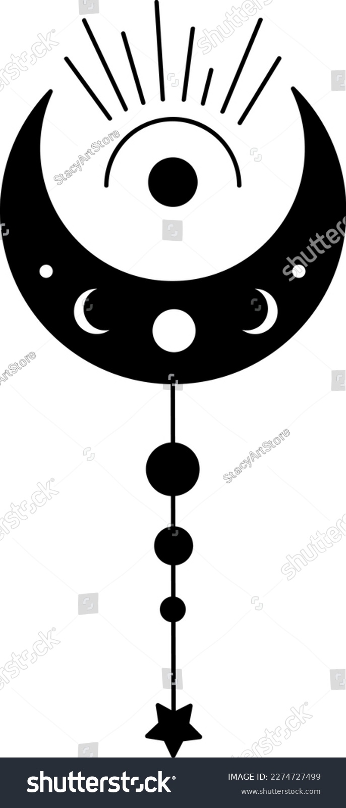 SVG of Bohemian Crescent Moon with Stars and Rays Astrology Illustration. Moon Phases SVG Vector Clipart. Celestial, Mystical, Esoteric designs perfect for Printing. T-shirt, Mugs Cut File. Universe Art svg