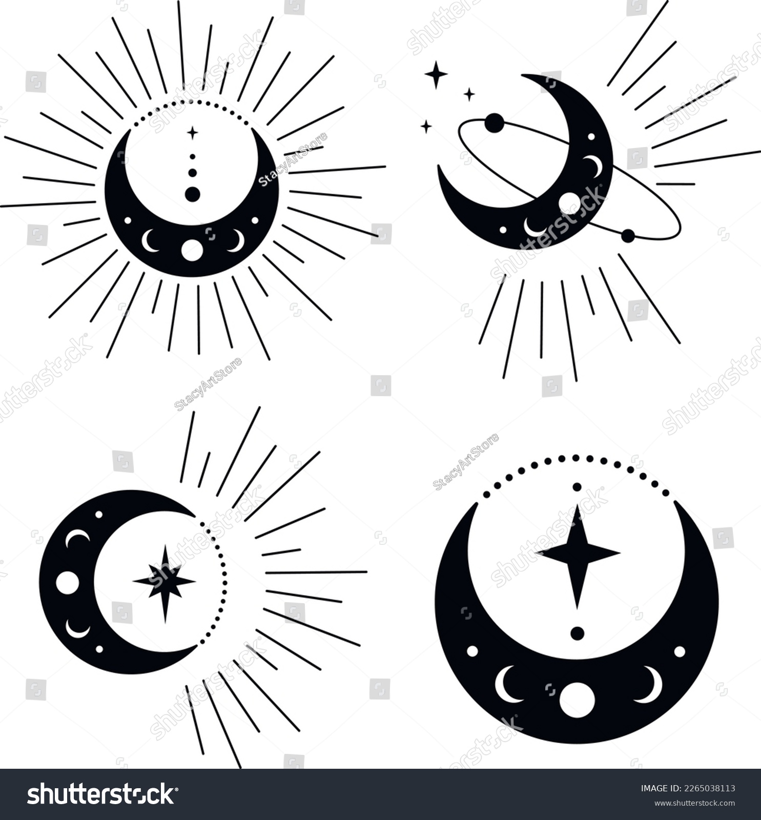 SVG of Bohemian Crescent Moon with Stars and Rays Astrology Illustration Set. Moon Phases SVG Vector Clipart. Celestial, Mystical, Esoteric designs perfect for Printing. T-shirt, Mugs, Cut Boards Cut File  svg