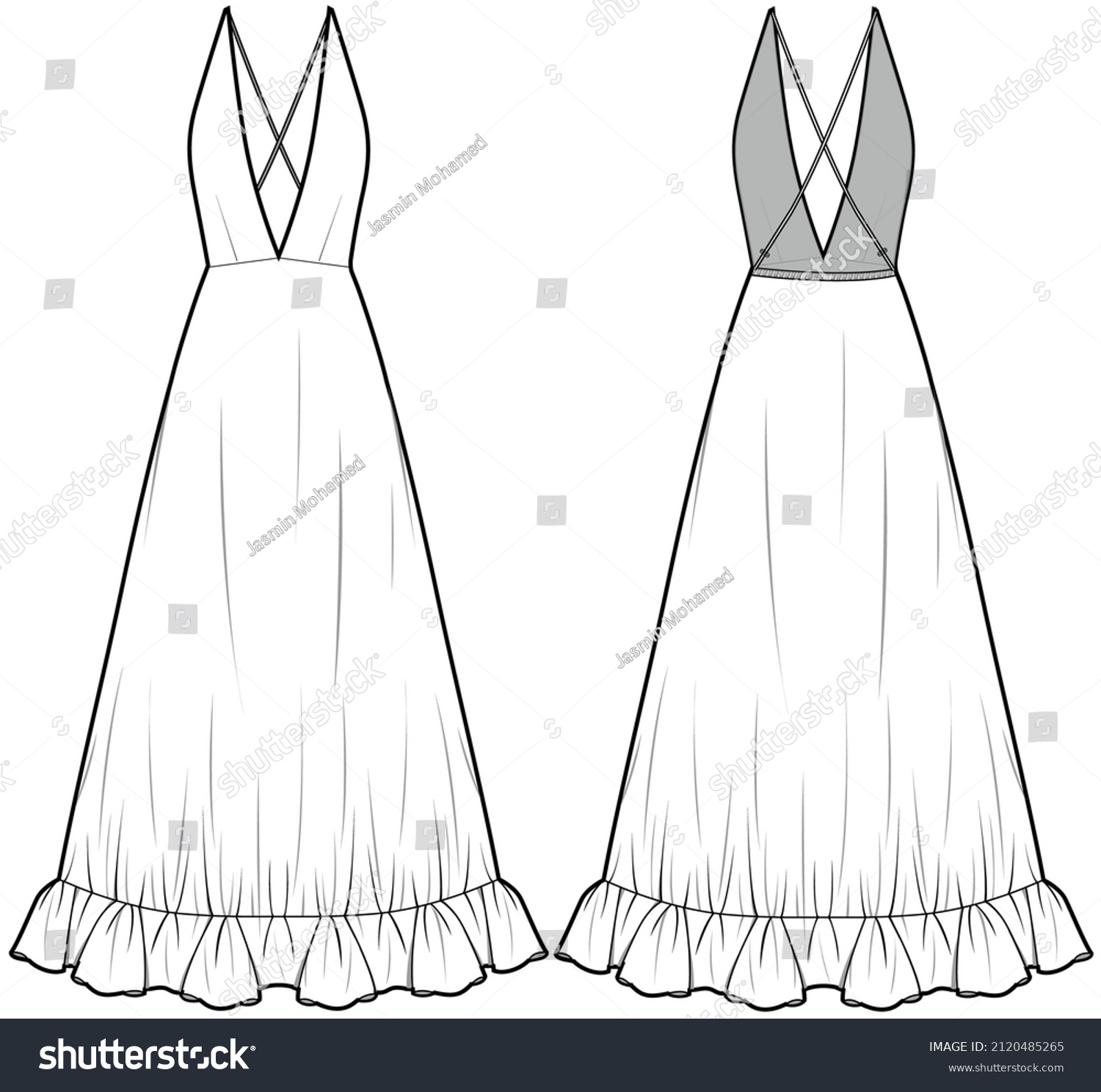 SVG of Bohemian Dress, back crossover strap flared dress with frill hem,  Bridal Dress,  Front and Back View. Fashion Illustration, Vector, CAD, Technical Drawing, Flat Drawing.	 svg