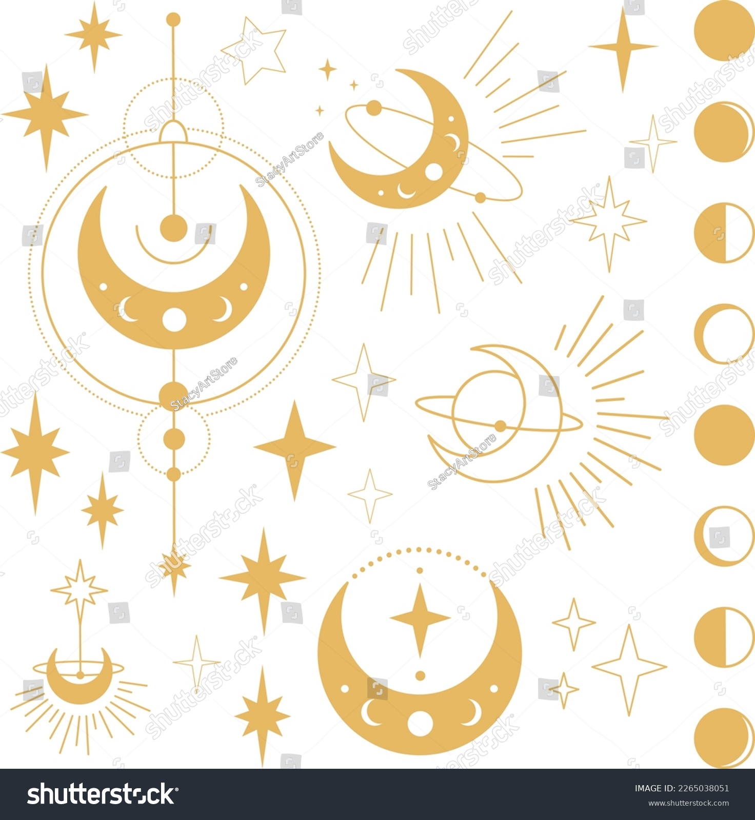 SVG of Bohemian Gold Crescent Moon with Stars and Rays Astrology Illustrations. Moon Phases SVG Vector Clipart. Celestial, Mystical, Esoteric designs perfect for Printing. T-shirt, Mugs, Cut Boards Cut File  svg