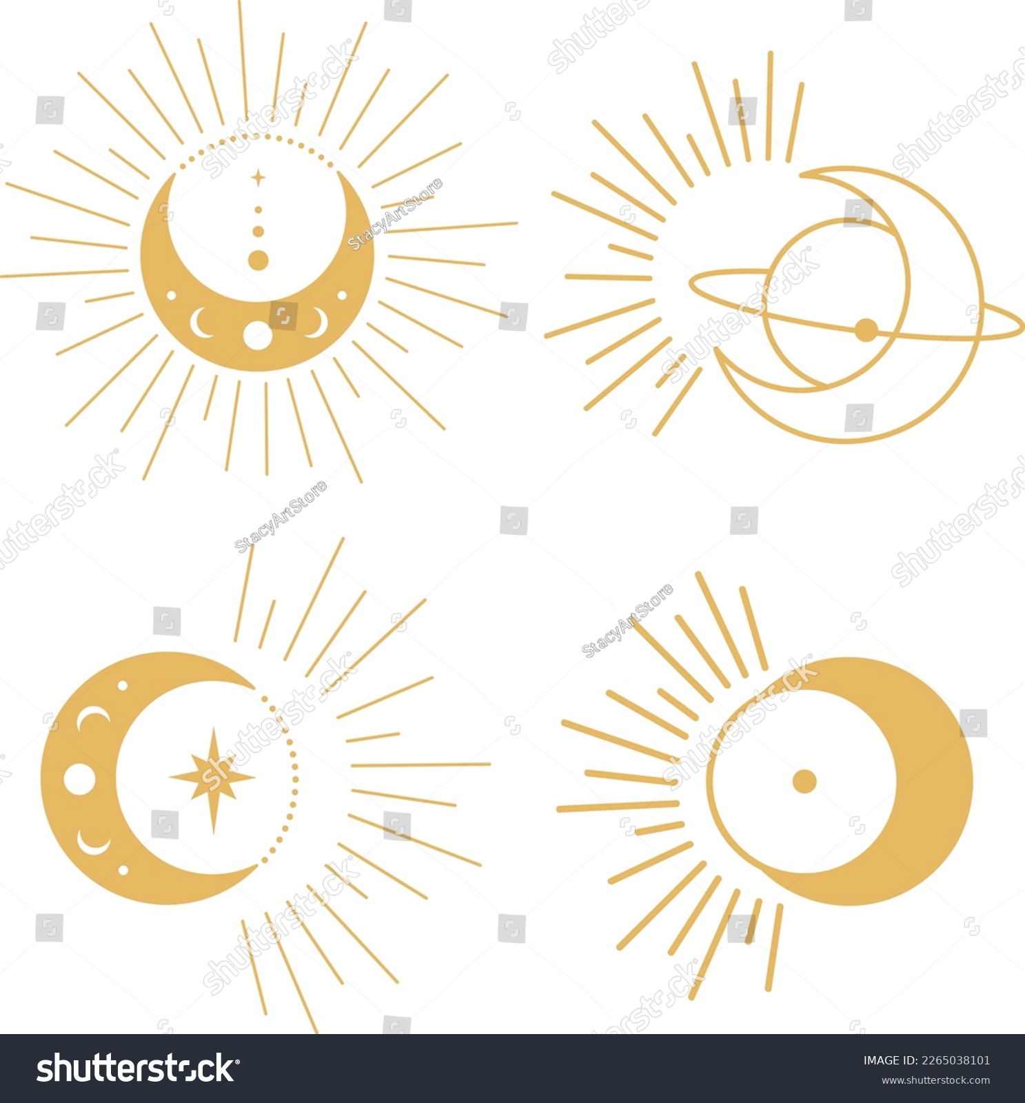SVG of Bohemian Gold Crescent Moon with Stars and Rays Astrology Illustrations. Moon Phases SVG Vector Clipart. Celestial, Mystical, Esoteric designs perfect for Printing. T-shirt, Mugs, Cut Boards Cut File  svg