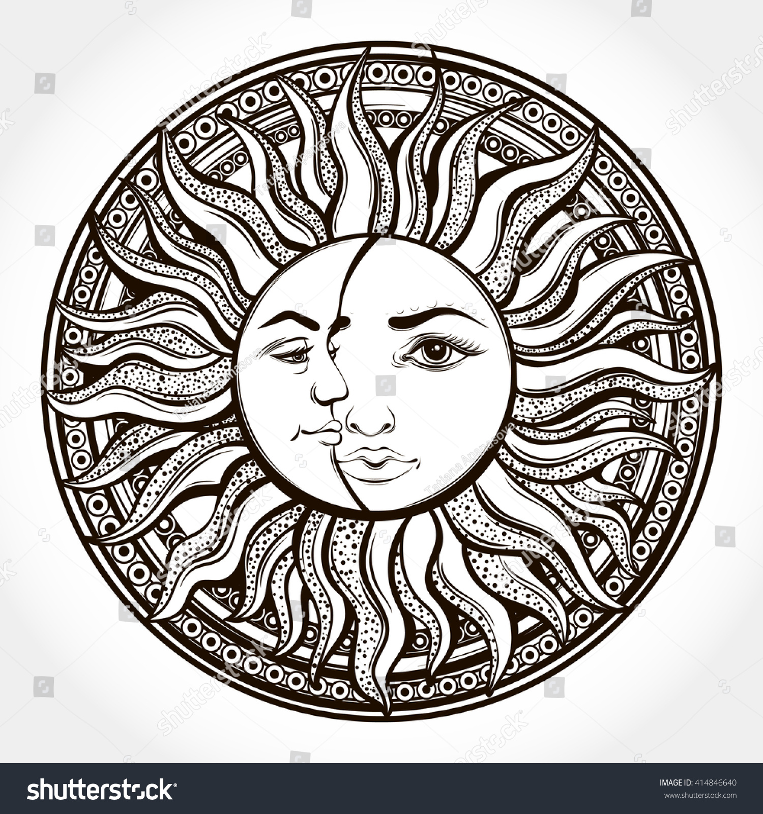 Bohemian Hand Drawn Sun Moon Tattoo Stock Vector Royalty Free