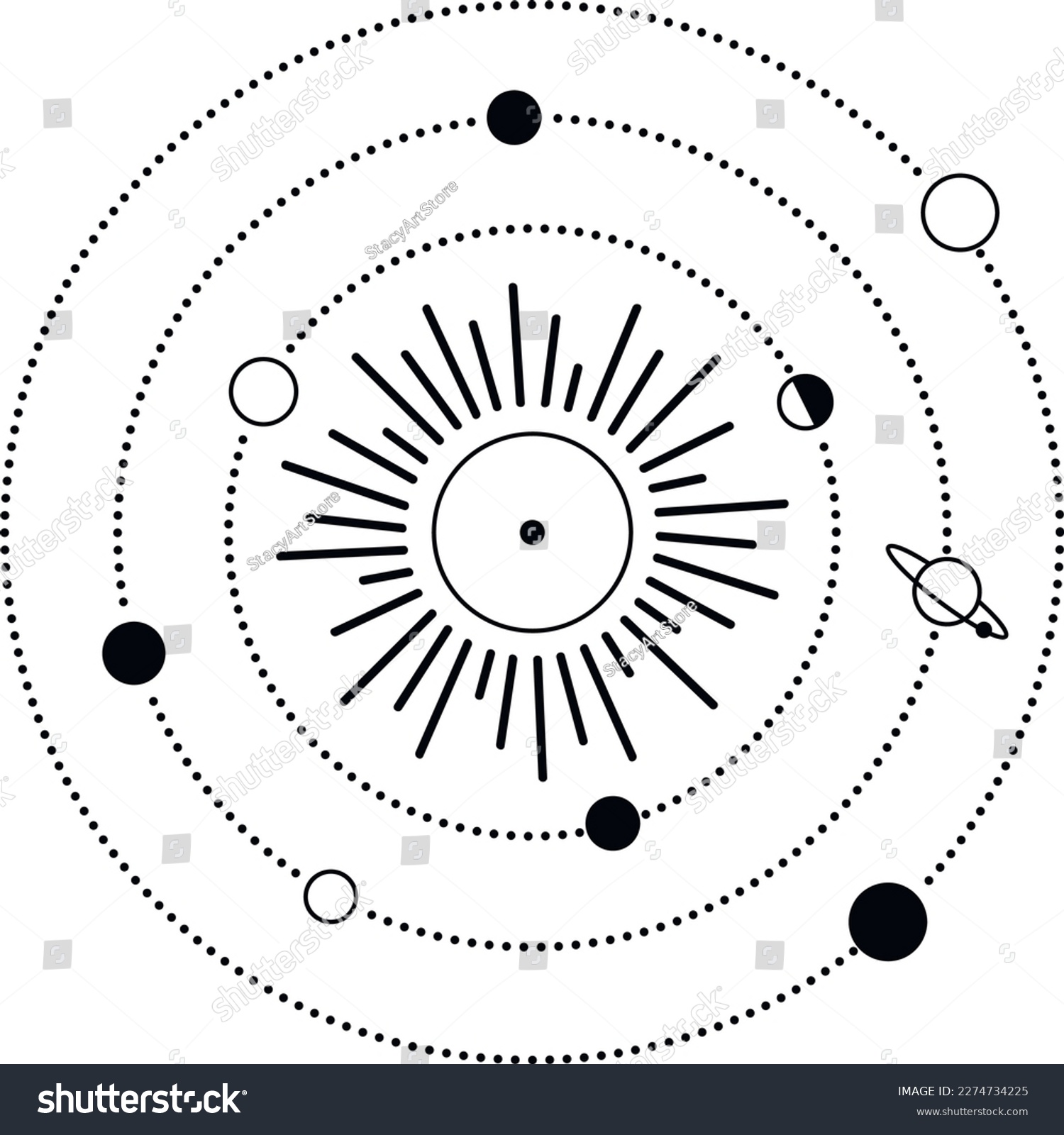 SVG of Bohemian Universe Illustration with Moon Phases, Sun and Rays. Astrology SVG Vector Clipart. Celestial, Mystical, Esoteric designs perfect for Printing. T-shirt, Mugs Cut File. Universe Art svg