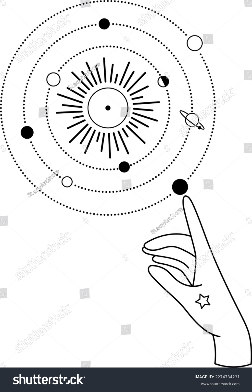 SVG of Bohemian Universe Illustration with Moon Phases, Sun, Stars and Rays. Astrology SVG Vector Clipart. Celestial, Mystical, Esoteric designs perfect for Printing. T-shirt, Mugs Cut File. Universe Art svg
