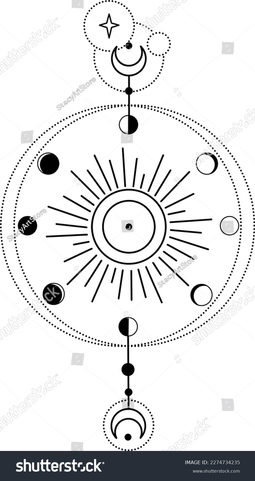 SVG of Bohemian Universe Illustration with Moon Phases, Sun, Stars and Rays. Astrology SVG Vector Clipart. Celestial, Mystical, Esoteric designs perfect for Printing. T-shirt, Mugs Cut File. Universe Art svg