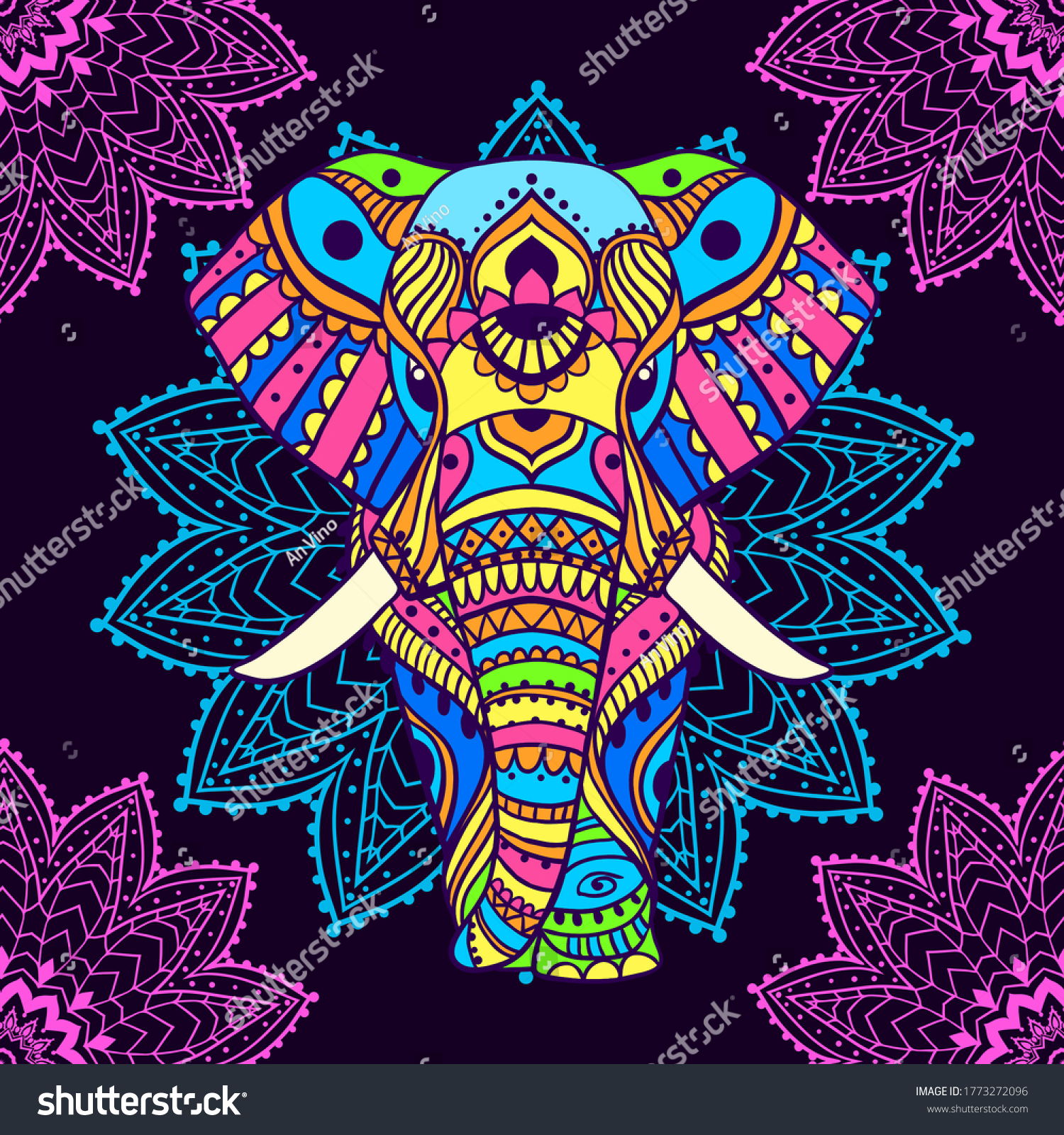 SVG of Boho elephant pattern. Vector illustration. Floral design, hand drawn map with Elephant ornamental.Tribal, India, hippie, Bohemian styles. Psychedelic colors svg