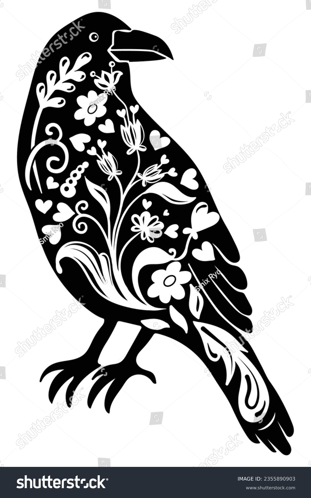 SVG of Boho Floral Raven silhouette , Boho Bird , Wildflowers svg