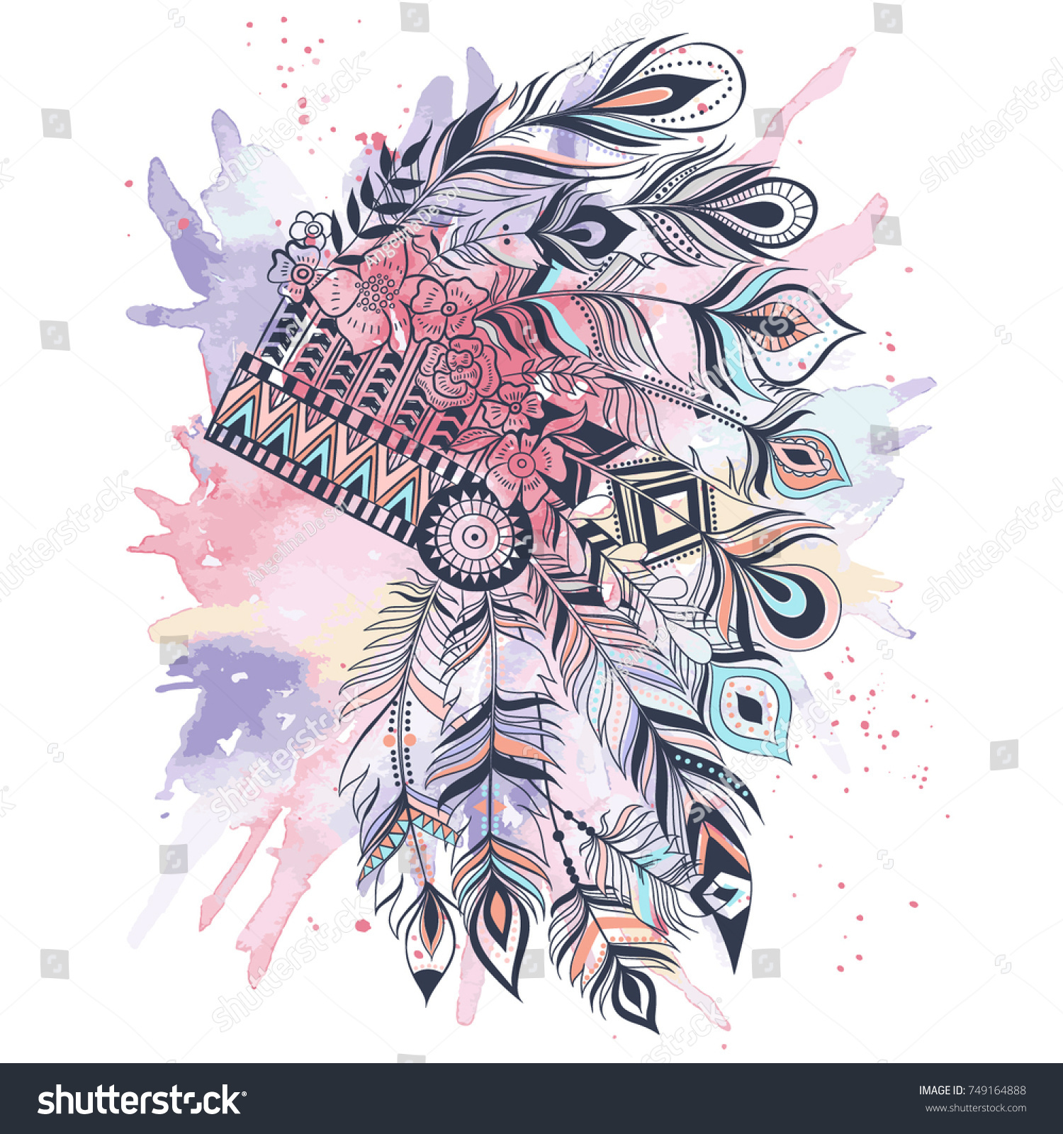 Boho Illustration Headdress Feathers Tribal Vector Stock Vector Royalty Free 749164888 6498