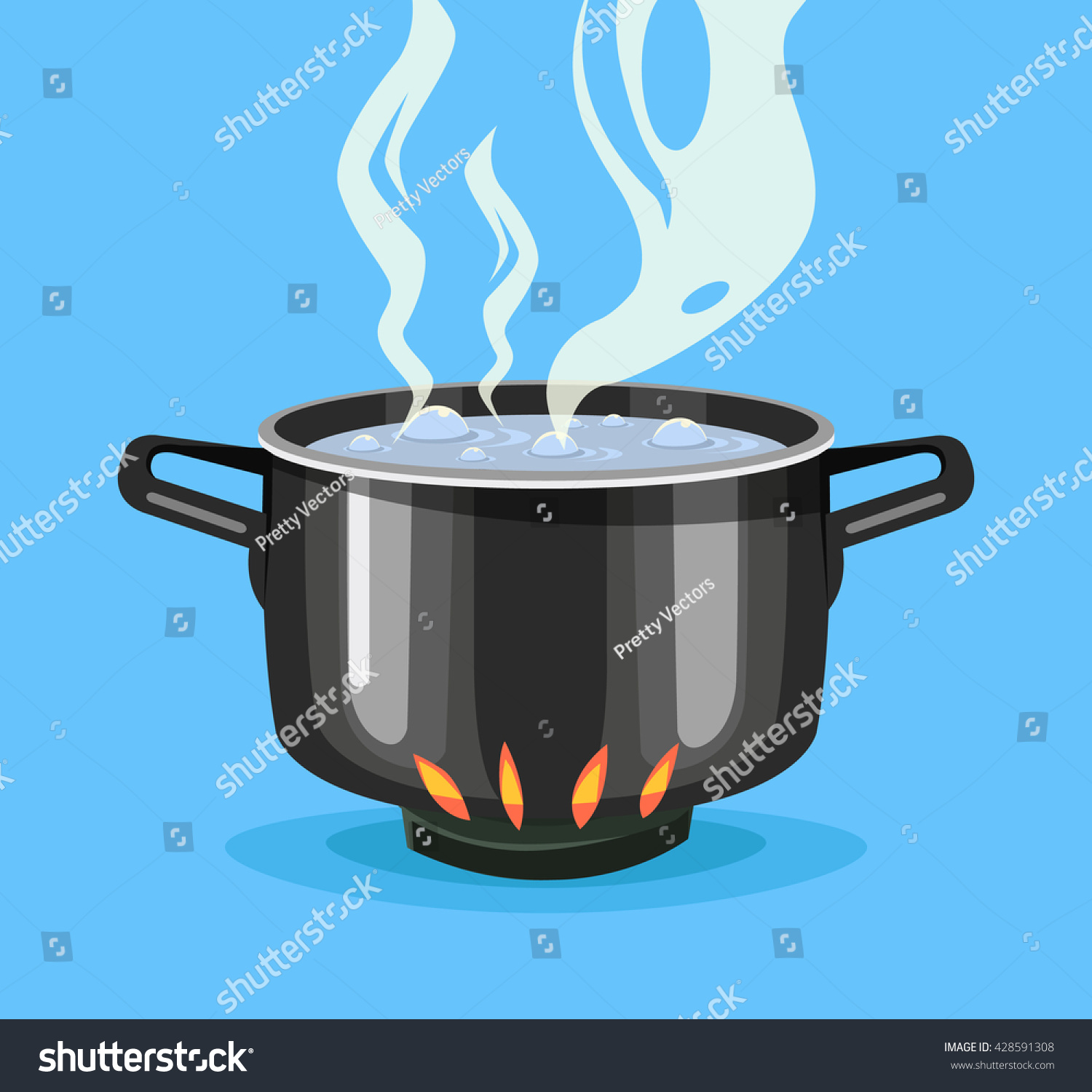 Boiling Water In Pan. Big Black Pot. Vector Flat Cartoon Illustration ...