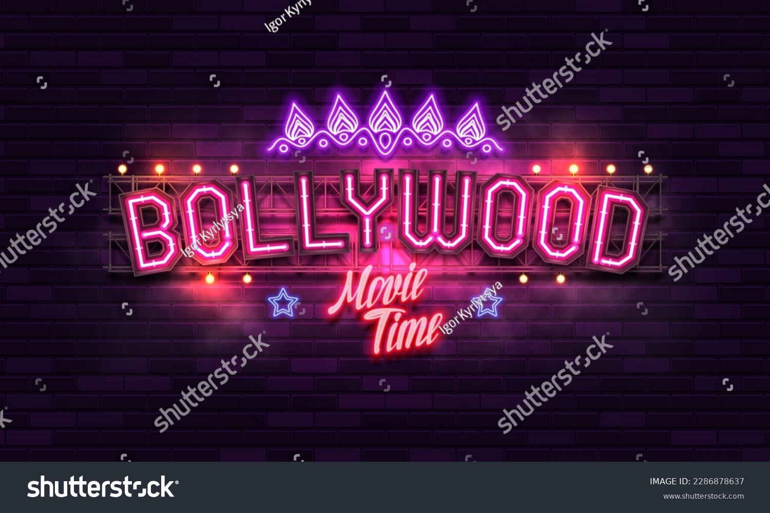 SVG of Bollywood indian cinema. Movie banner or poster with retro neon signs. Vector illustration. svg