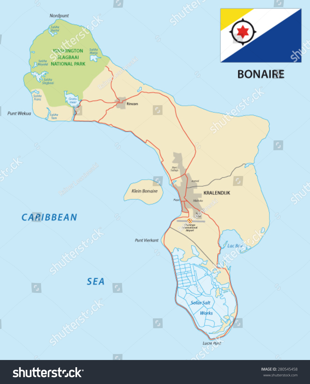 Bonaire Road Map Flag Stock Vector (Royalty Free) 280545458