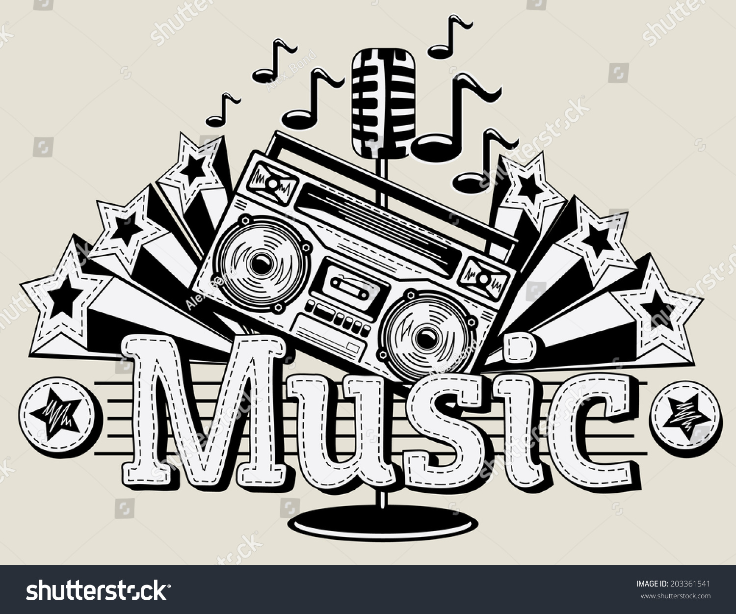 Boombox Microphone Stars Monochrome Music Emblem Stock Vector (Royalty ...