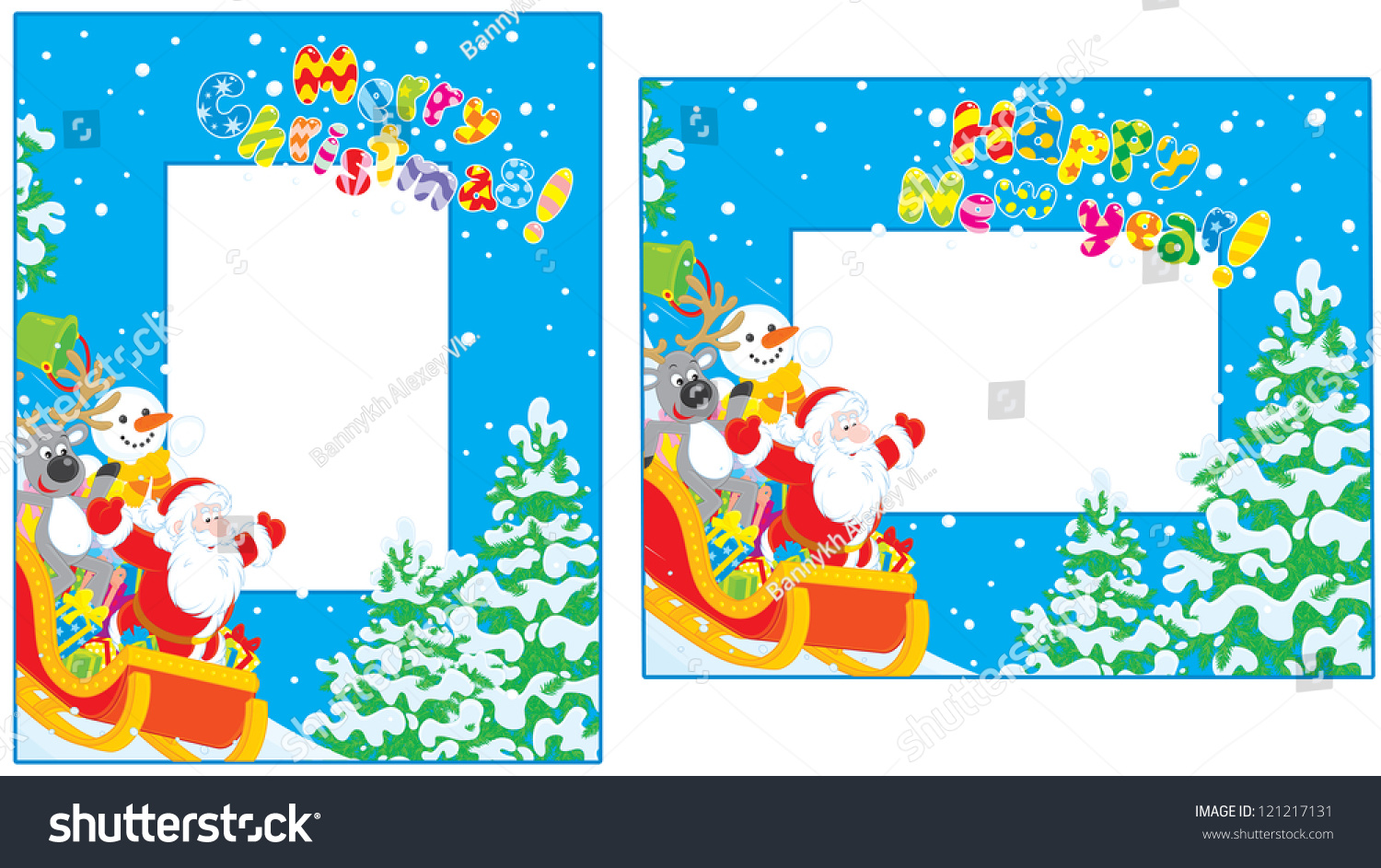 Borders With Santa Claus, Reindeer And Snowman Sliding Down In Their ...