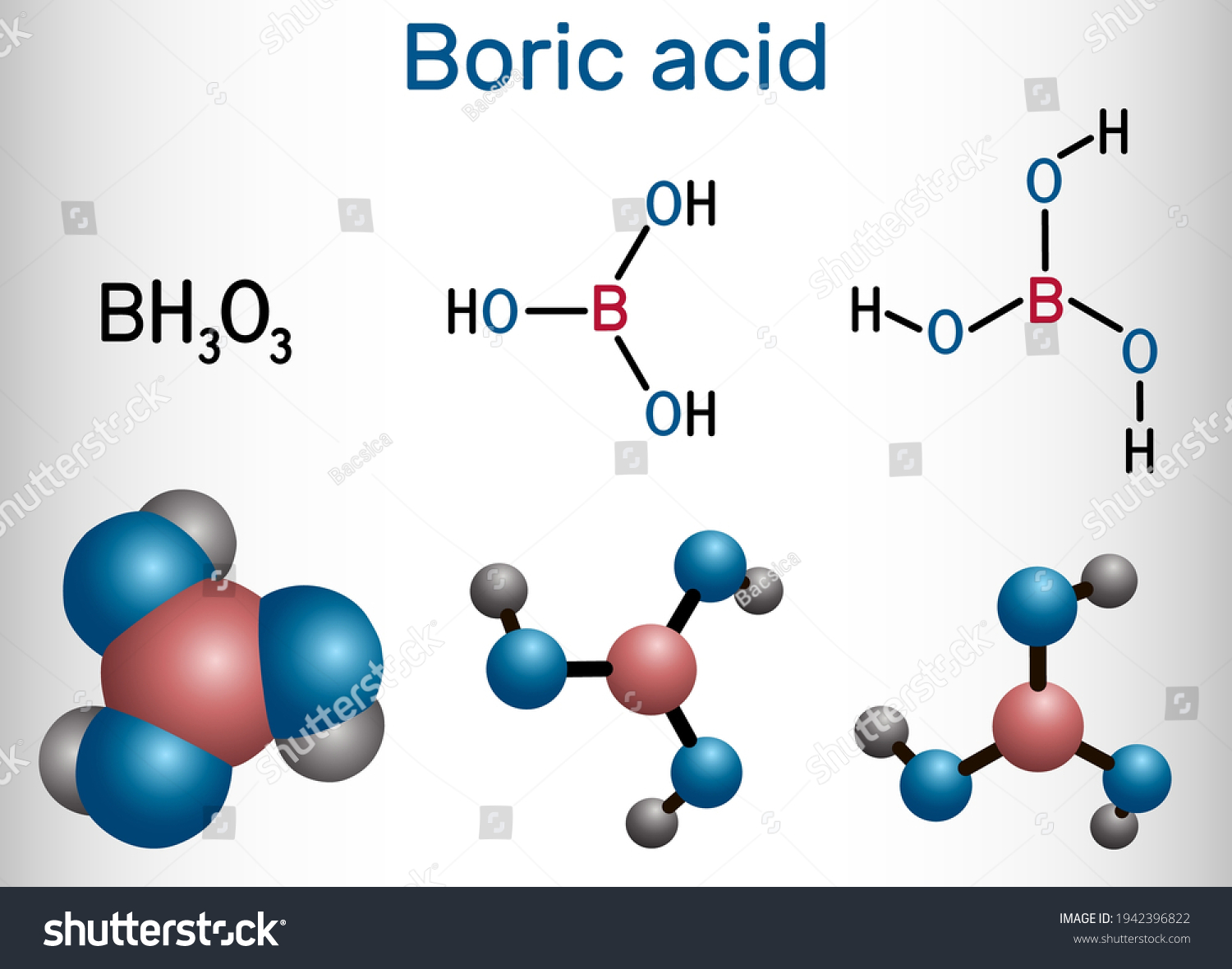 SVG of Boric acid, hydrogen borate, boracic acid, orthoboric acid molecule. It is hydrate of boric oxide with antiseptic, antifungal, antiviral properties. Skeletal formula, model. Vector illustration svg