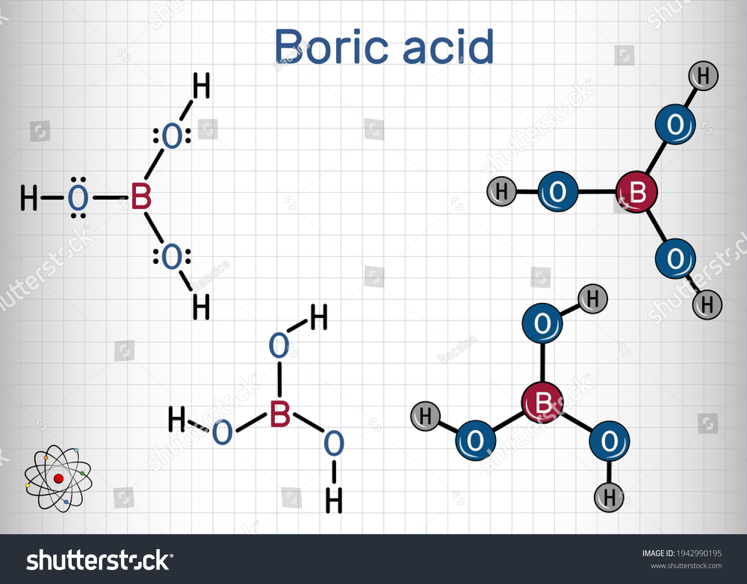SVG of Boric acid, hydrogen borate, boracic acid, orthoboric acid molecule. It is hydrate of boric oxide with antiseptic, antifungal, antiviral properties. Sheet of paper in a cage. Vector illustration svg