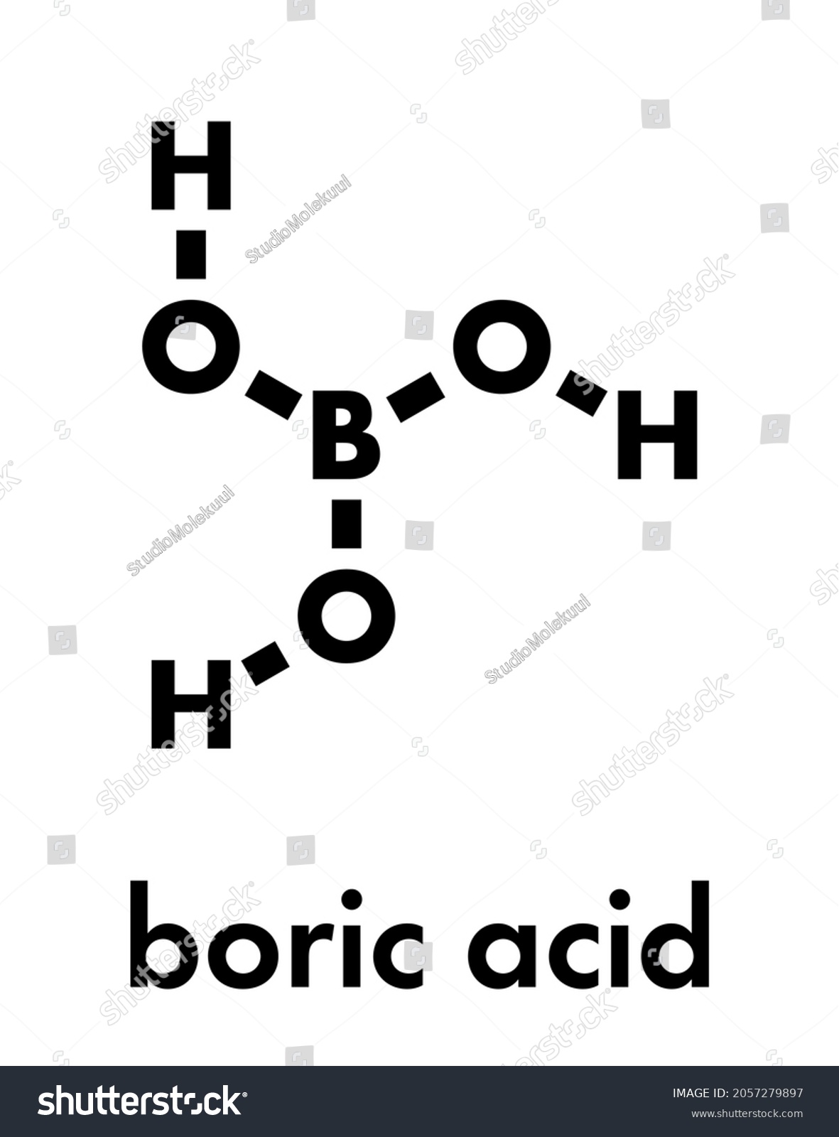 SVG of Boric acid molecule. Also known as hydrogen borate, boracic acid, orthoboric acid and acidum boricum. Skeletal formula. svg