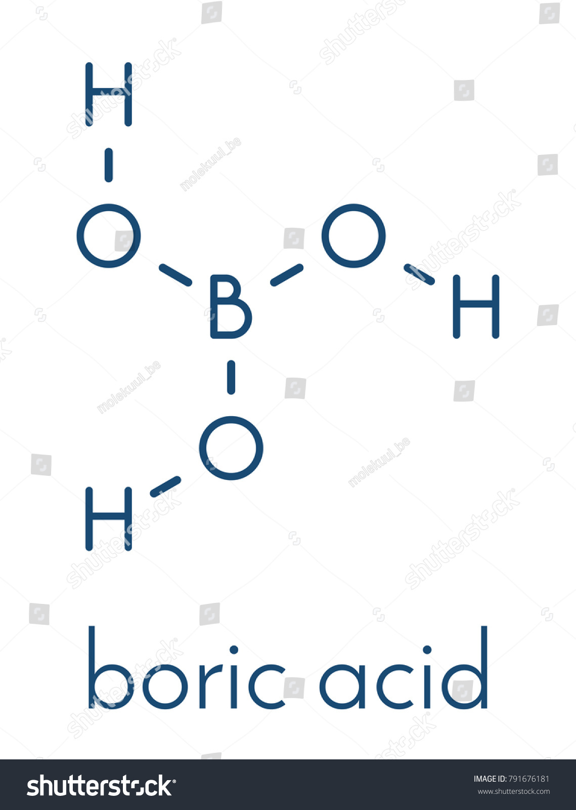 SVG of Boric acid molecule. Also known as hydrogen borate, boracic acid, orthoboric acid and acidum boricum. Skeletal formula. svg