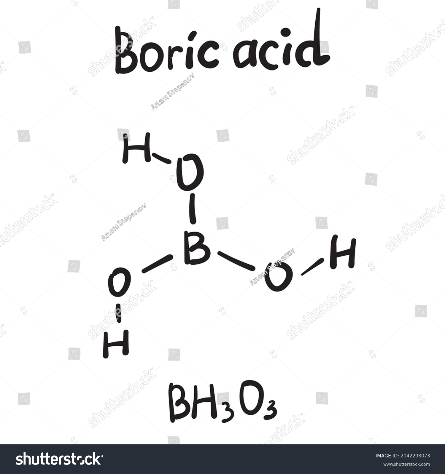 SVG of Boric acid molecule formula. Hand drawn imitation of hydrogen borate structural model, boracic or orthoboric acid chemistry skeletal formula, sketchy vector symbol svg