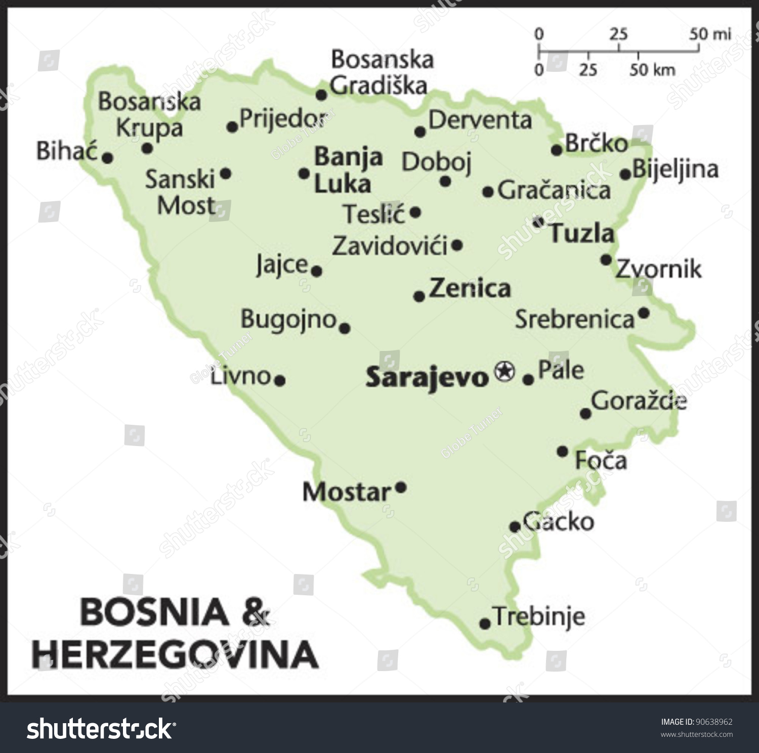 Bosnia Herzegovina Country Map Stock Vector (Royalty Free) 90638962