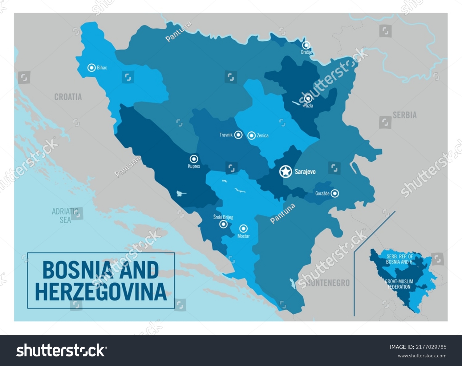 Bosnia Herzegovina Country Political Map Detailed Stock Vector (Royalty ...