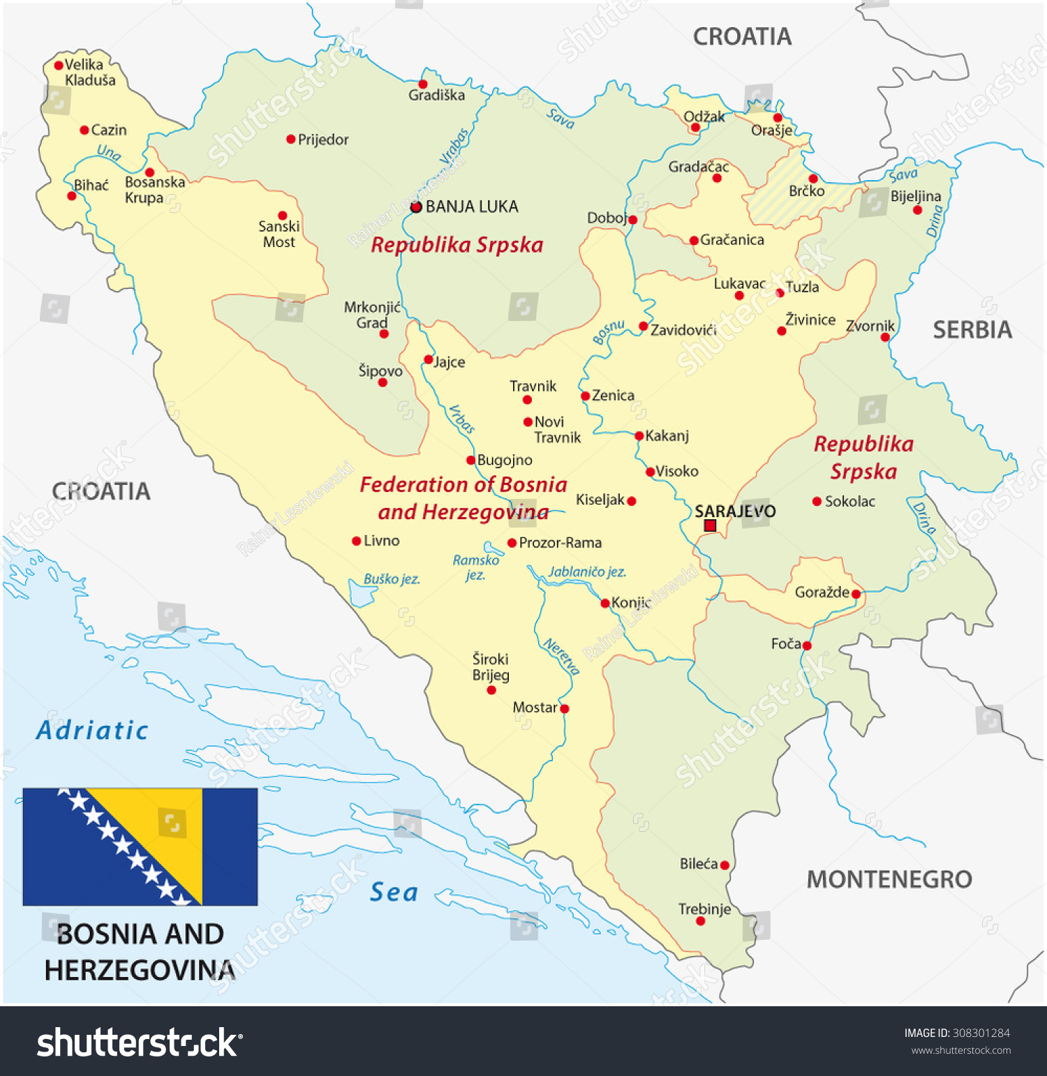 Bosnia And Herzegovina Map With Flag Stock Vector Illustration ...