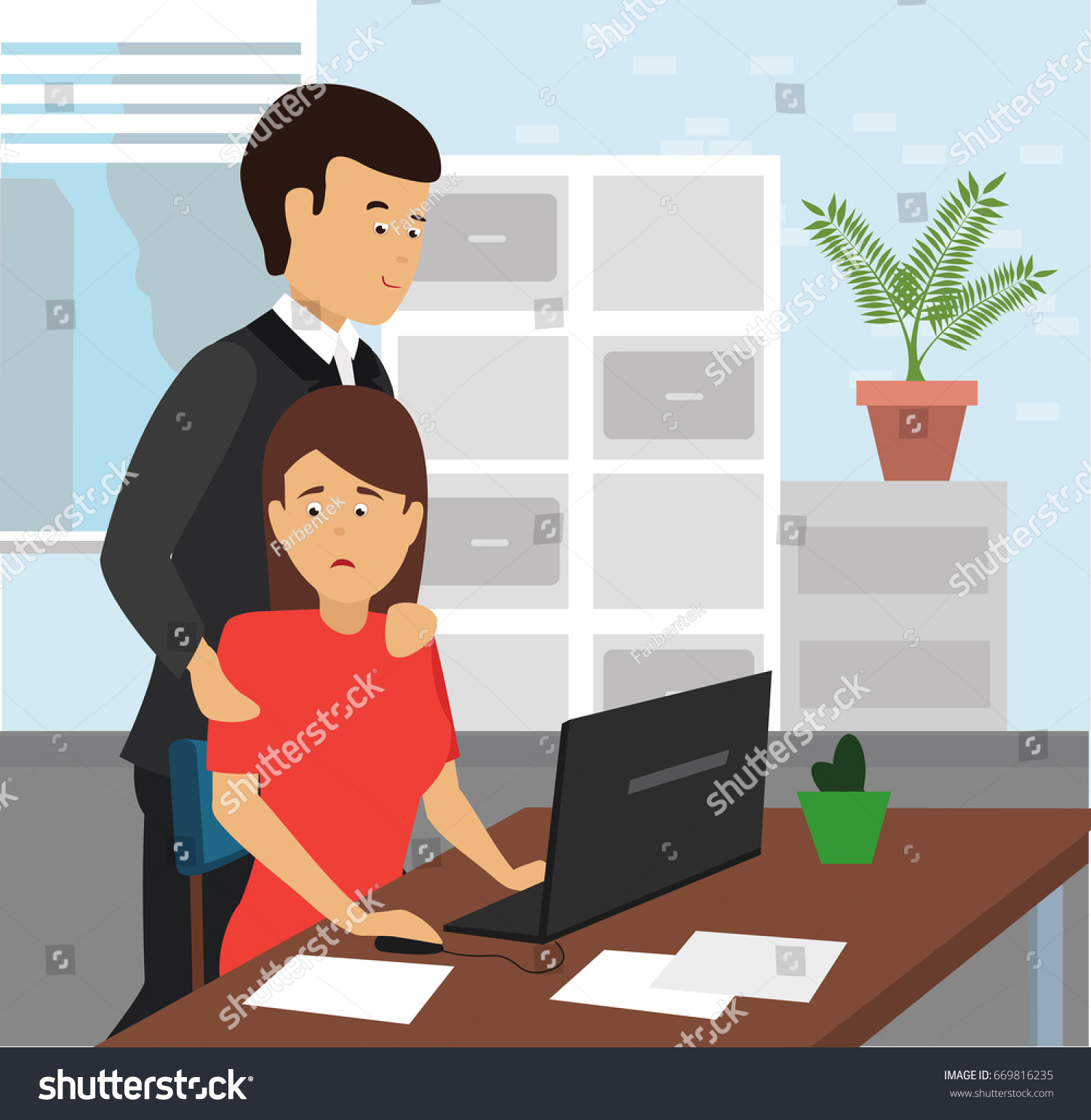 Boss touching the arm to shoulders of his secretary at office. Scared woman. Sexual harassment in workplace concept illustration vector.
