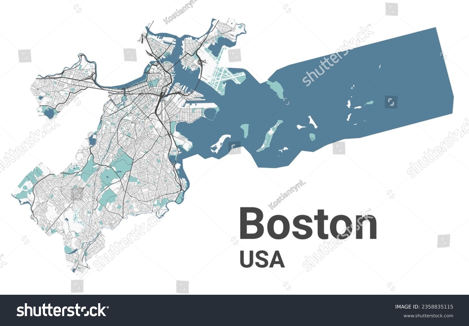 SVG of Boston map, American city. Municipal administrative area map with rivers and roads, parks and railways. Vector illustration. svg