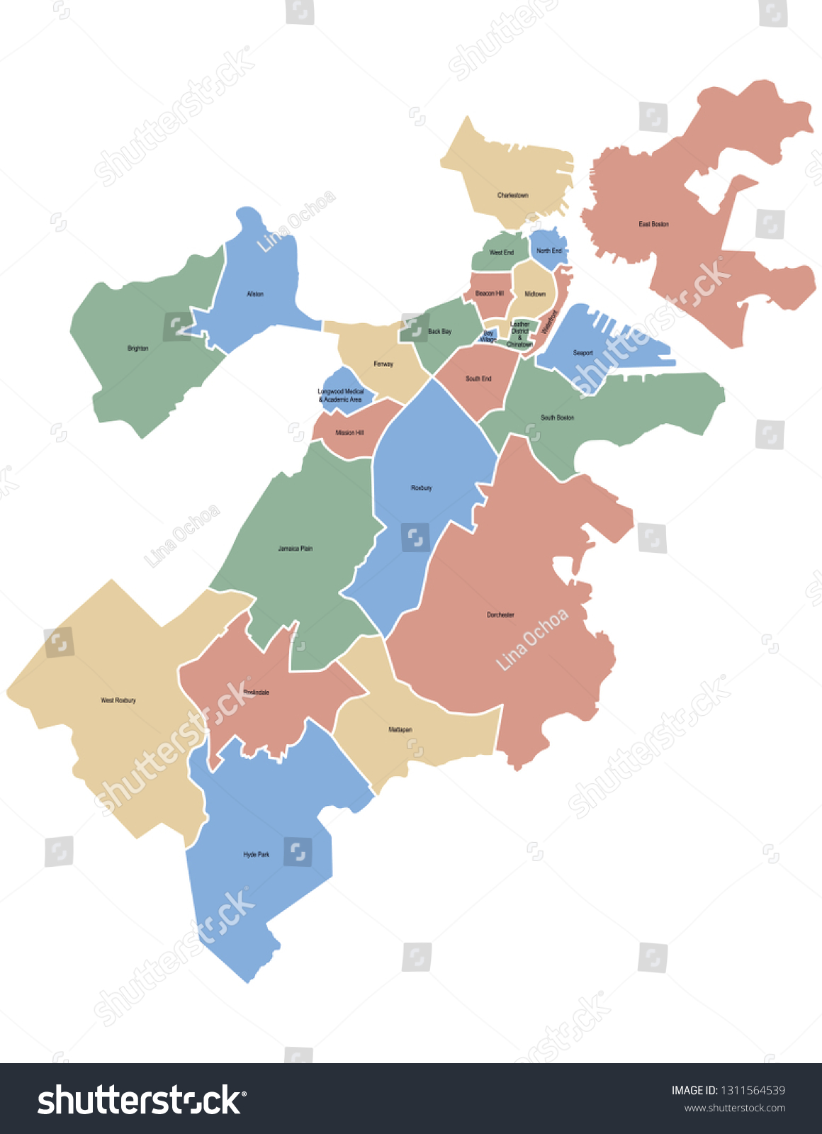 Boston Neighborhoods Map Stock Vector (Royalty Free) 1311564539