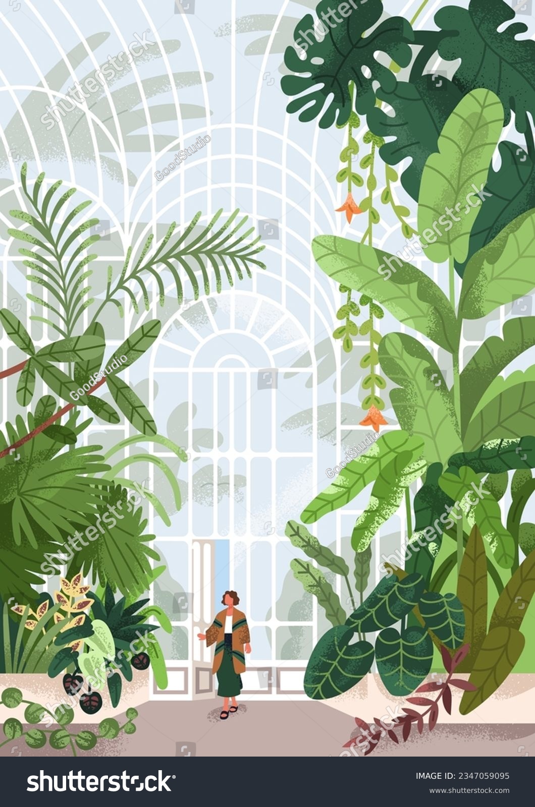 SVG of Botanical garden, conservatory with leaf plants. Woman entering into greenhouse park with greenery. Person in glasshouse with glass transparent wall, orangery nature. Flat vector illustration svg