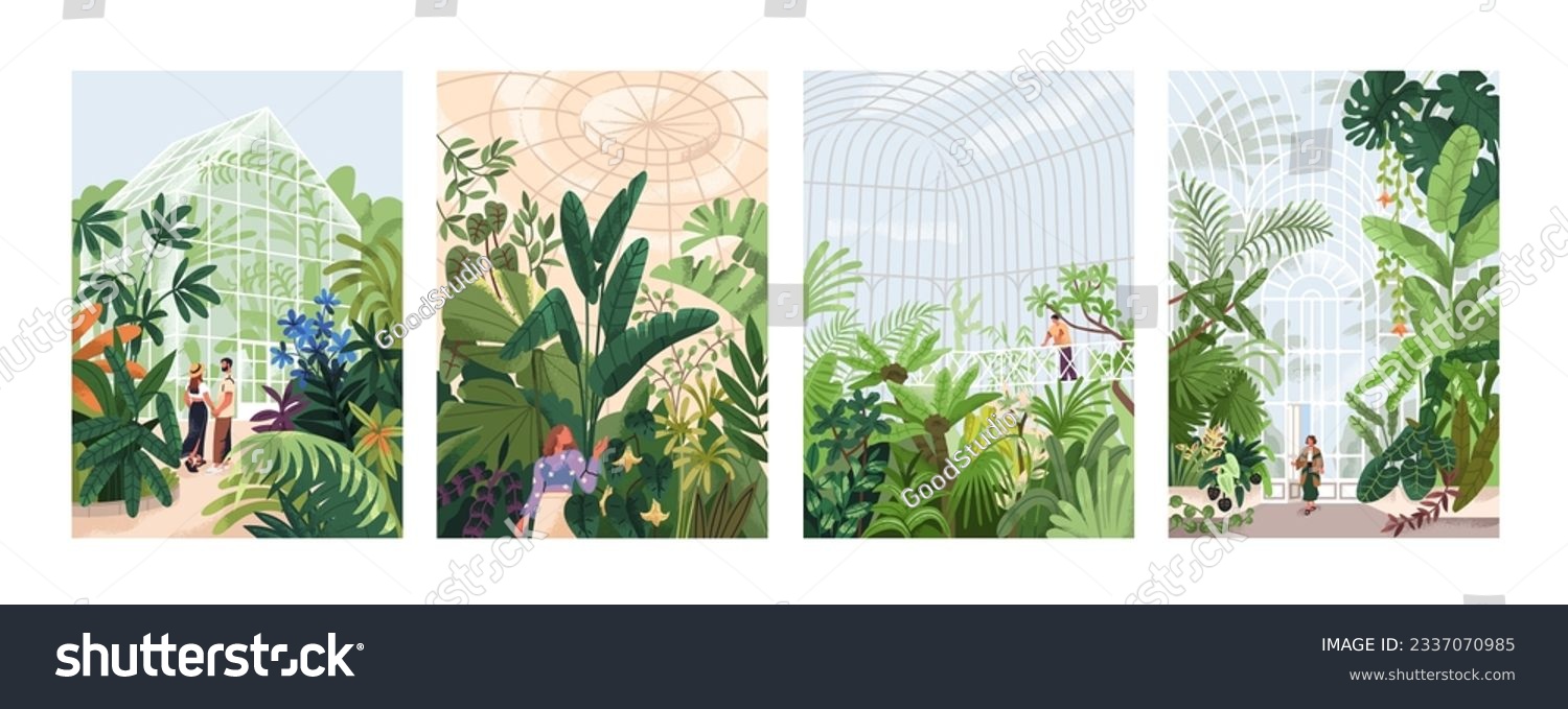 SVG of Botanical garden, green leaves, foliage plants. People walking in natural greenhouses with lush vegetation, cards backgrounds set. Greenery, orangery, nature in glasshouses. Flat vector illustrations svg